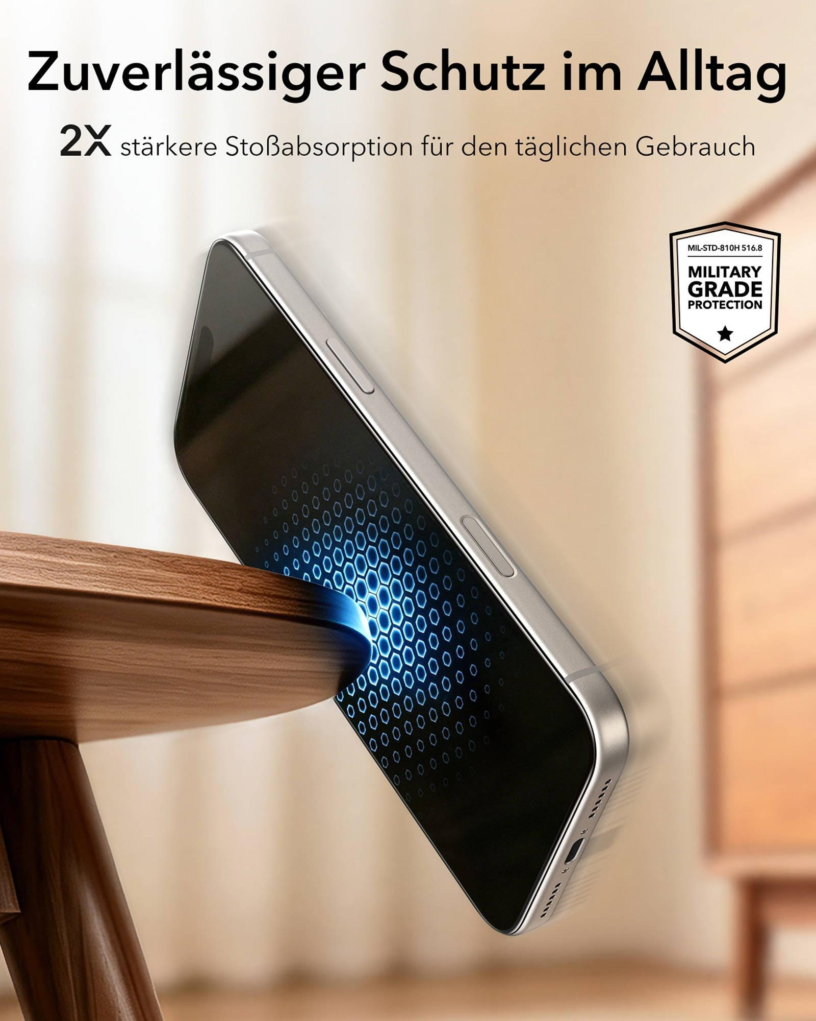 Ein Smartphone prallt gegen eine Holztischkante mit blauem Lichteffekt, Text oben.