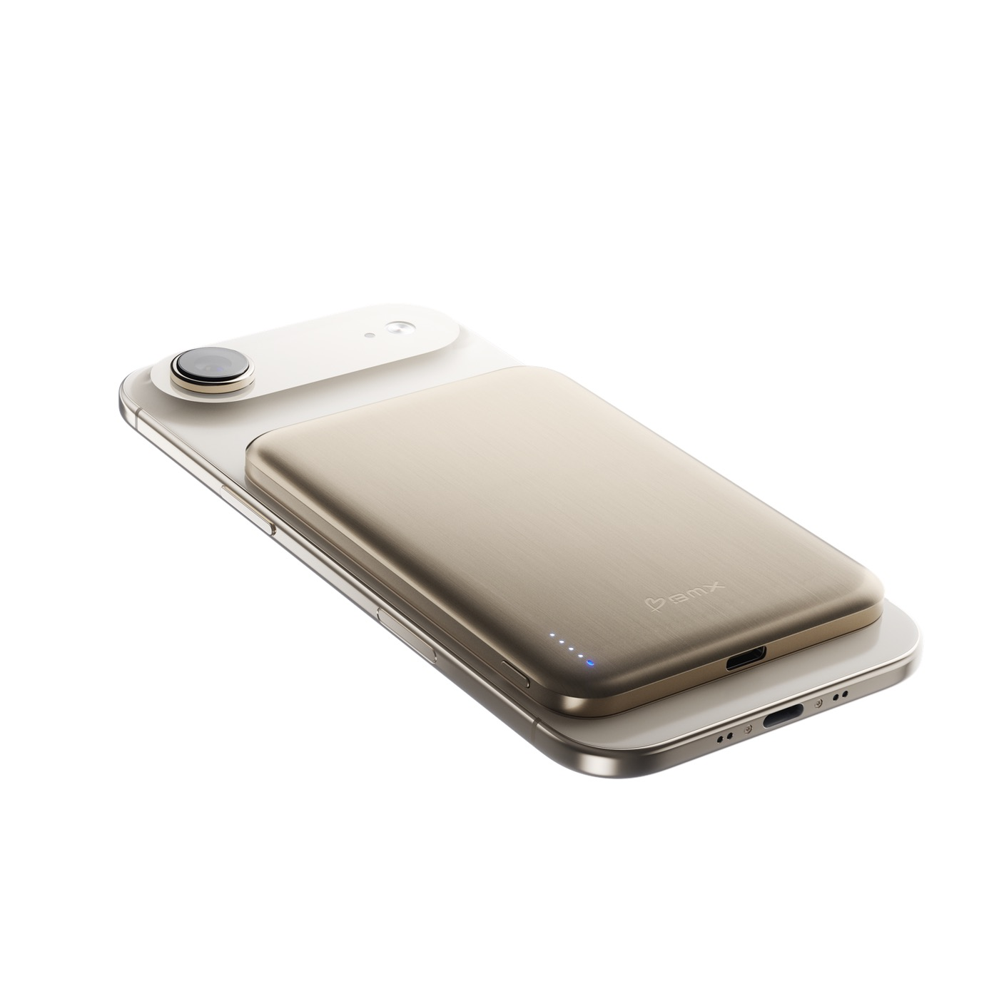 Une batterie externe dorée est fixée magnétiquement à l'arrière d'un smartphone argenté sur fond blanc.