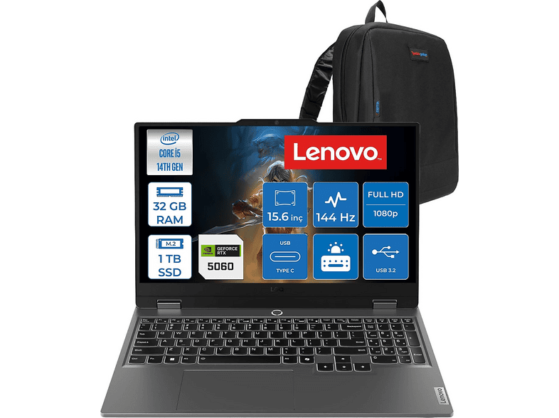 LENOVO LOQ DDR5 8 GB /RTX5060/100 W 83JE012LTRF13 Intel Core i5 14500HX 32 GB RAM 1 TB SSD 15,6 inç FreeDOS Laptop+Çanta Luna Grey