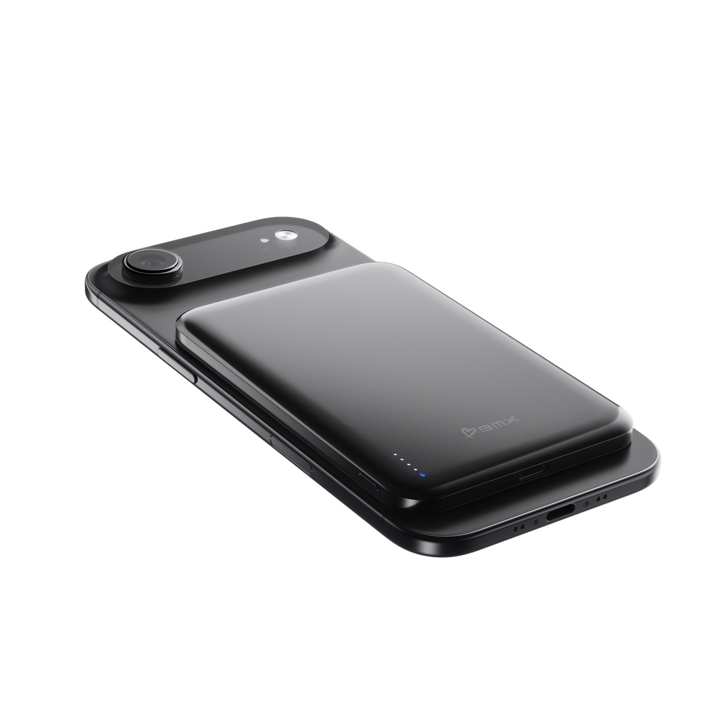 Un smartphone noir avec une batterie externe magnétique fixée à l'arrière sur fond blanc.
