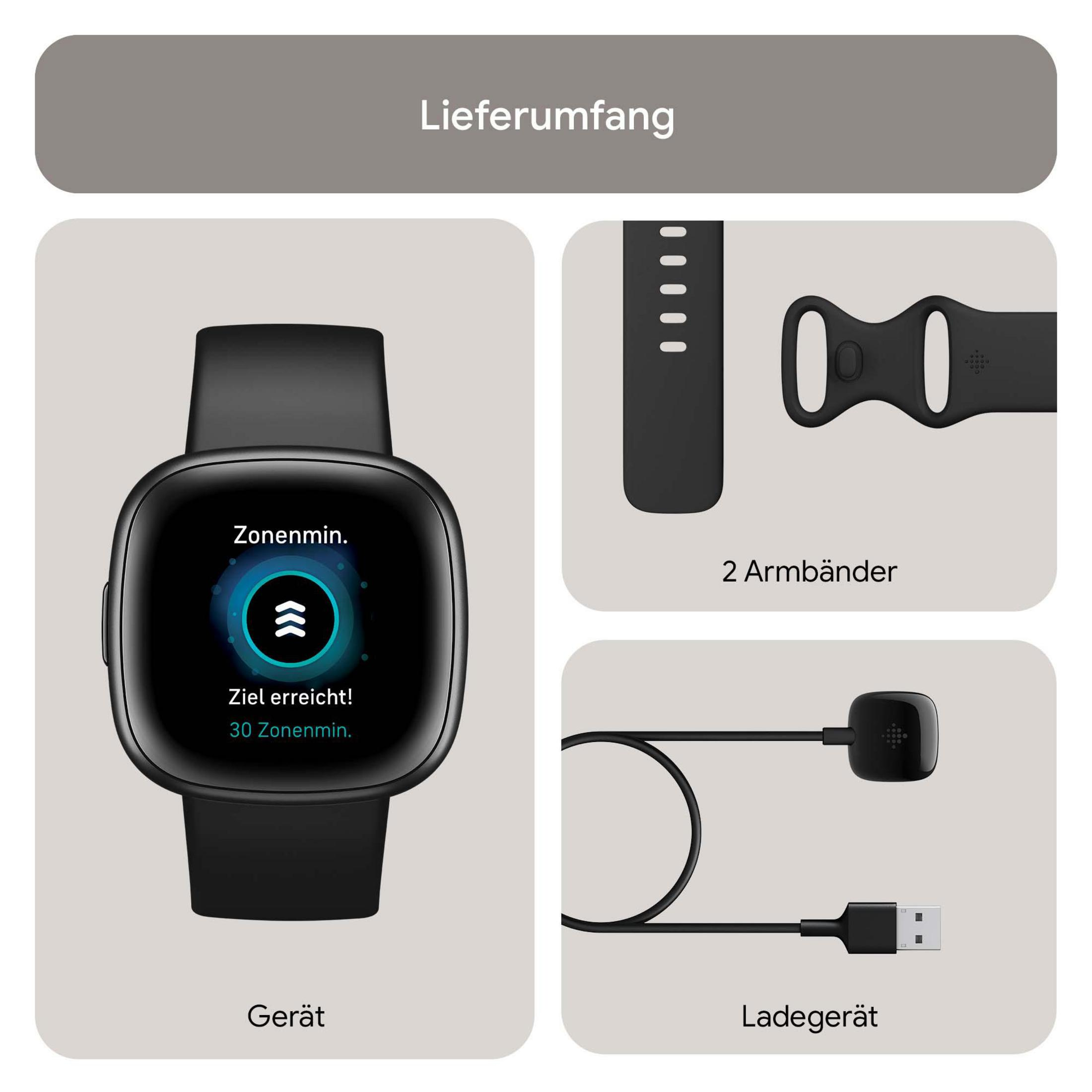 Schema che mostra il contenuto: smartwatch, due cinturini e cavo di ricarica.