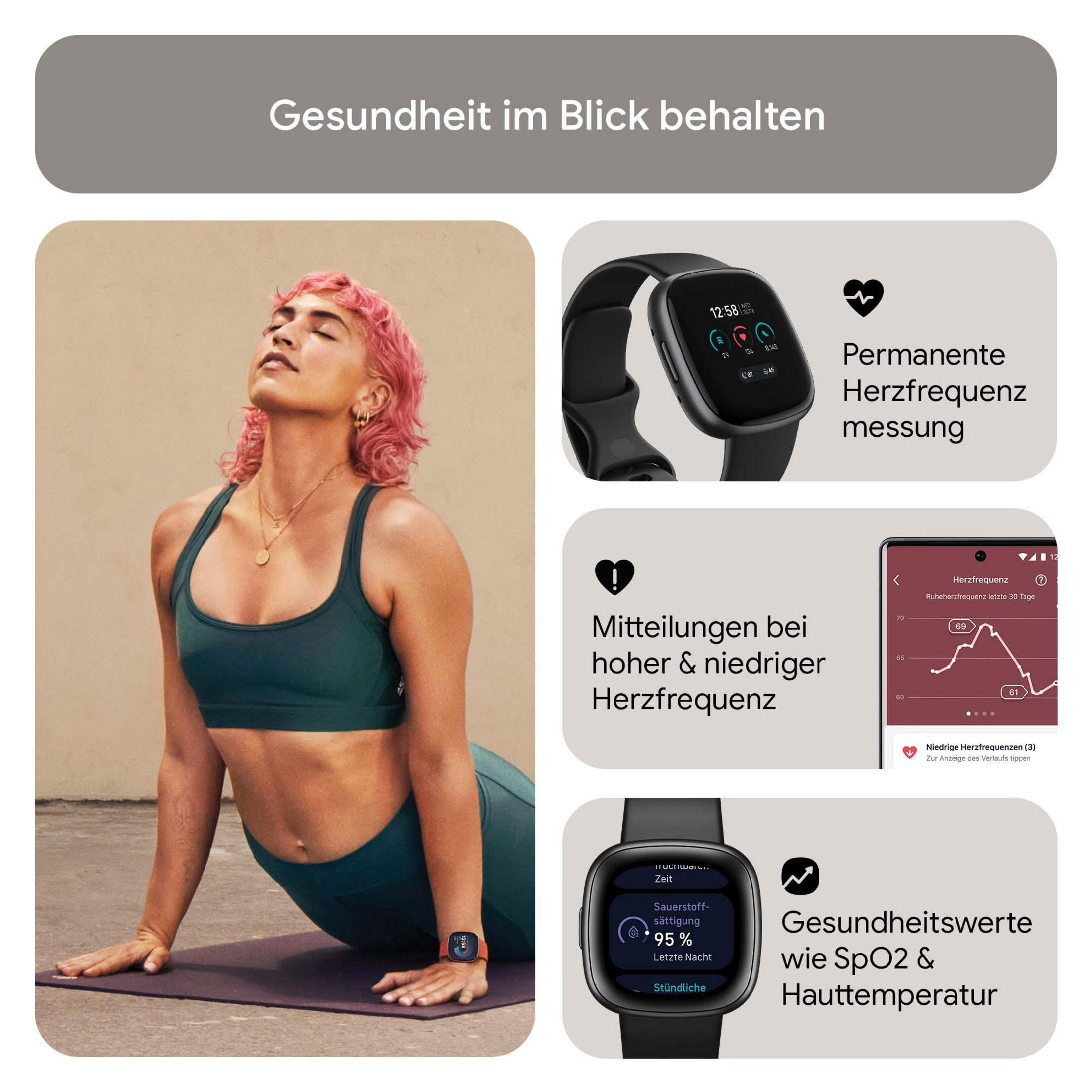 Una donna in abbigliamento sportivo fa yoga accanto a grafiche che mostrano funzioni di monitoraggio della salute e della frequenza cardiaca.