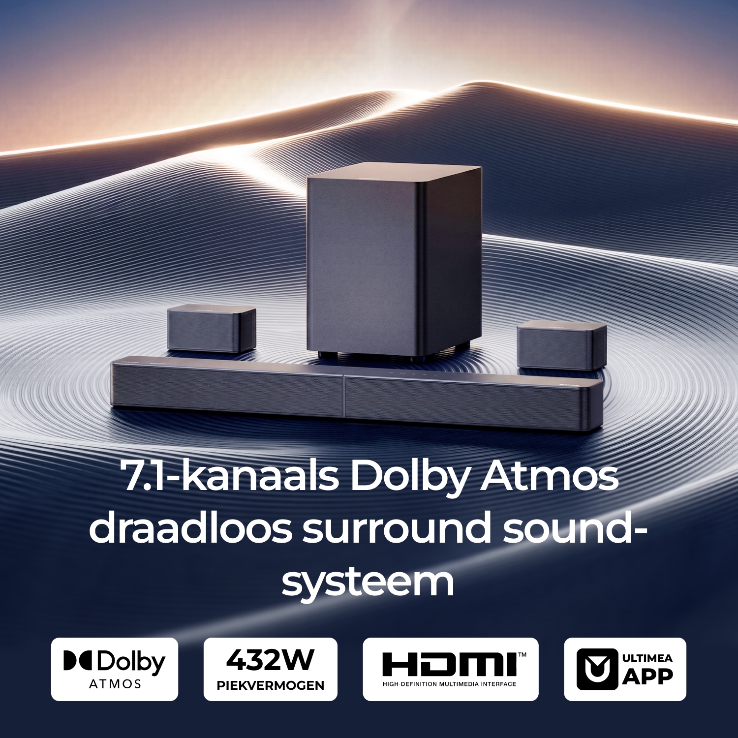 Un système audio sans fil Dolby Atmos 7.1 avec caisson de basses, barre de son et petits haut-parleurs sur fond ondulé.
