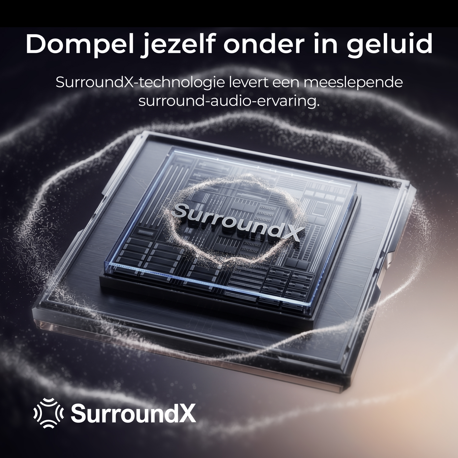 Une puce SurroundX sur fond sombre avec des ondes sonores en spirale et du texte en néerlandais.