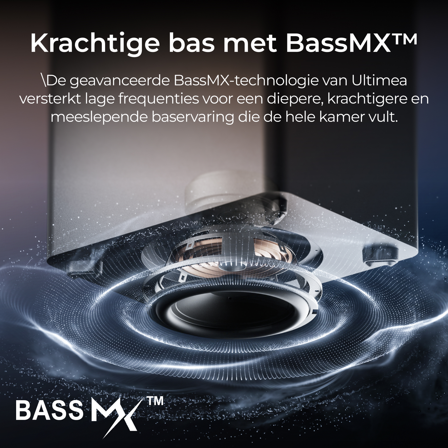 Vue interne d'un haut-parleur montrant la technologie BassMX avec des ondes sonores et du texte néerlandais.