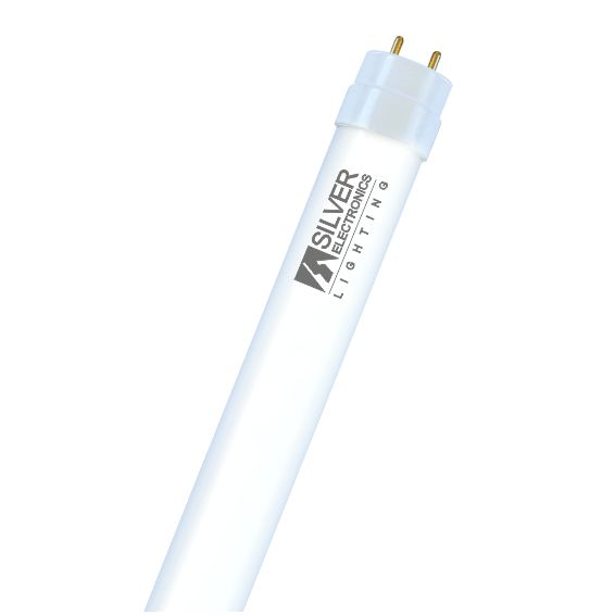 Un tubo LED blanco con el logotipo de Silver Electronics Lighting sobre fondo blanco.