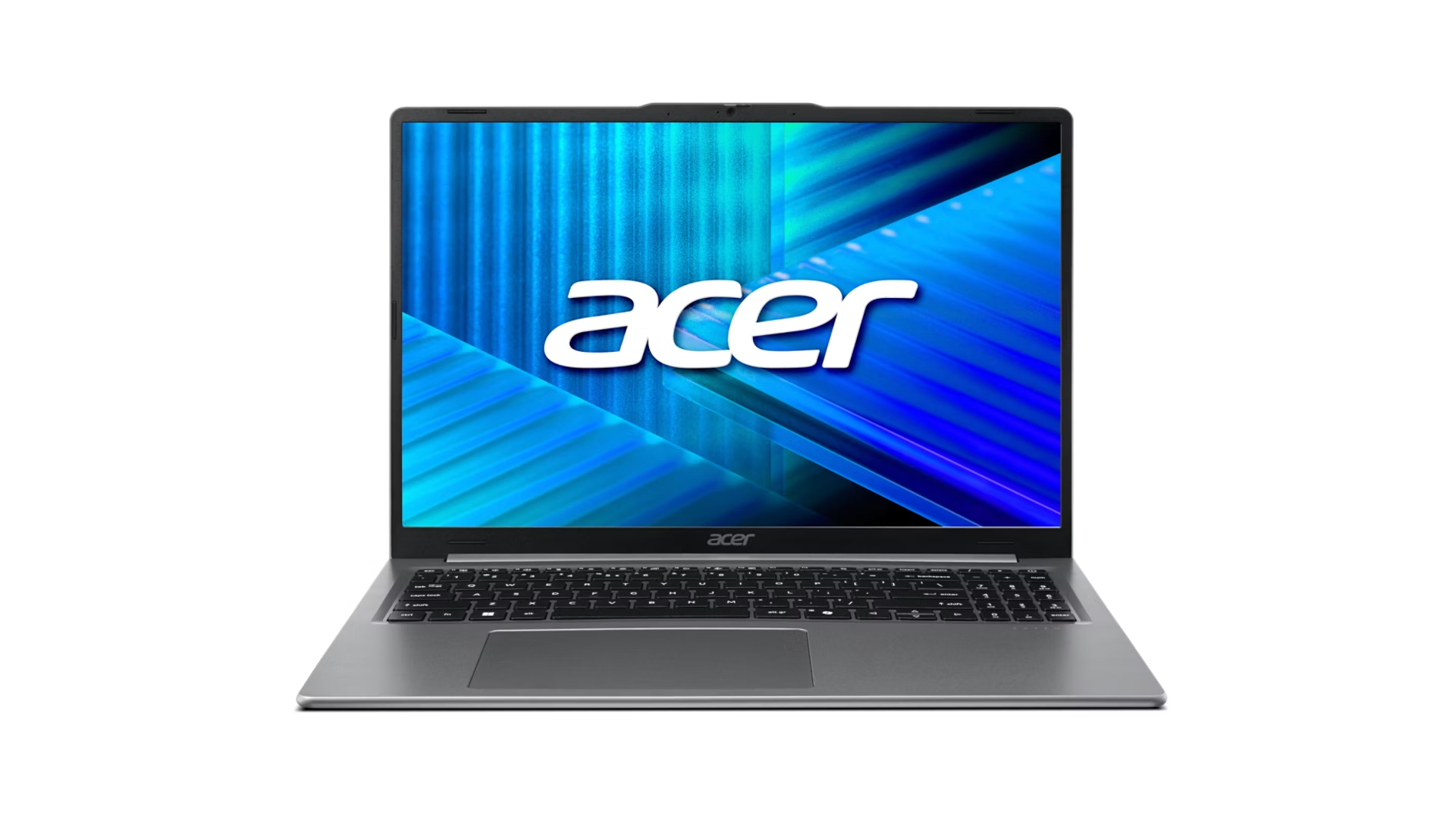 Un computer portatile Acer grigio con schermo blu e il logo Acer in primo piano.