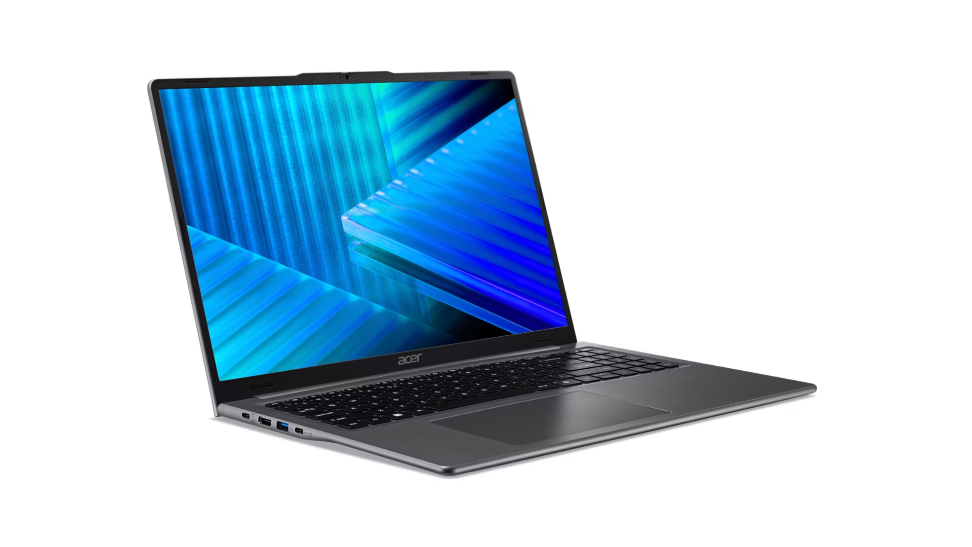 Un computer portatile Acer grigio scuro aperto con uno sfondo astratto blu sullo schermo.