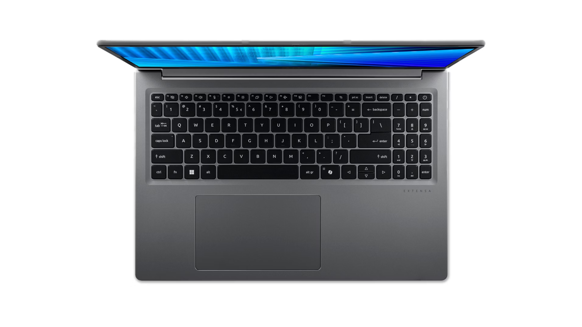 Vista dall'alto di un laptop grigio con tastiera nera e schermo blu.