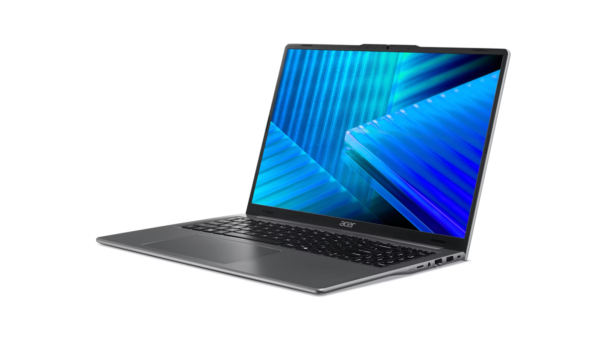 Un computer portatile Acer argento con motivo dello schermo blu su sfondo bianco.