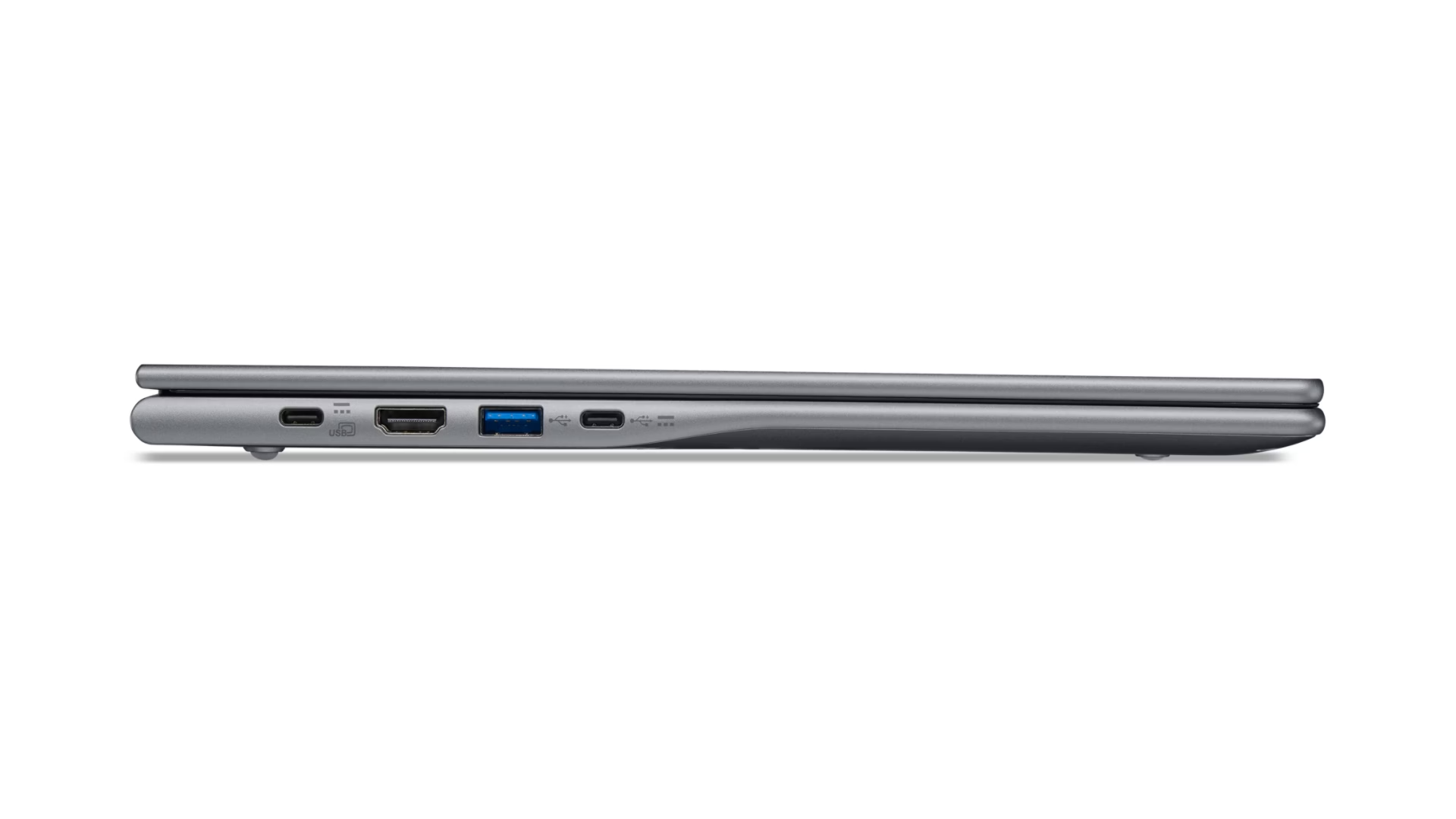 Vista laterale di un laptop grigio chiuso con varie porte come USB e HDMI su sfondo bianco.