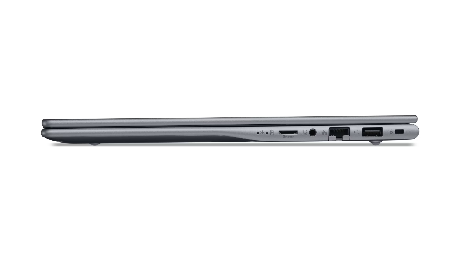 Vista laterale di un laptop grigio chiuso con porte.