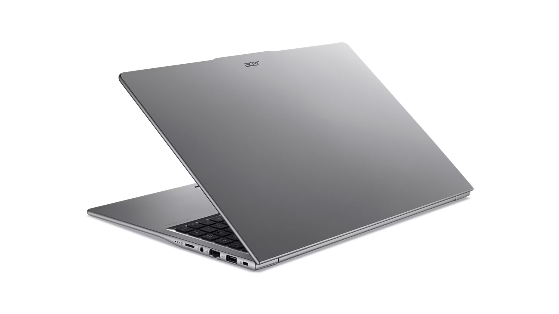 Un laptop Acer argento è mezzo aperto su sfondo bianco, mostrando il retro dello schermo.
