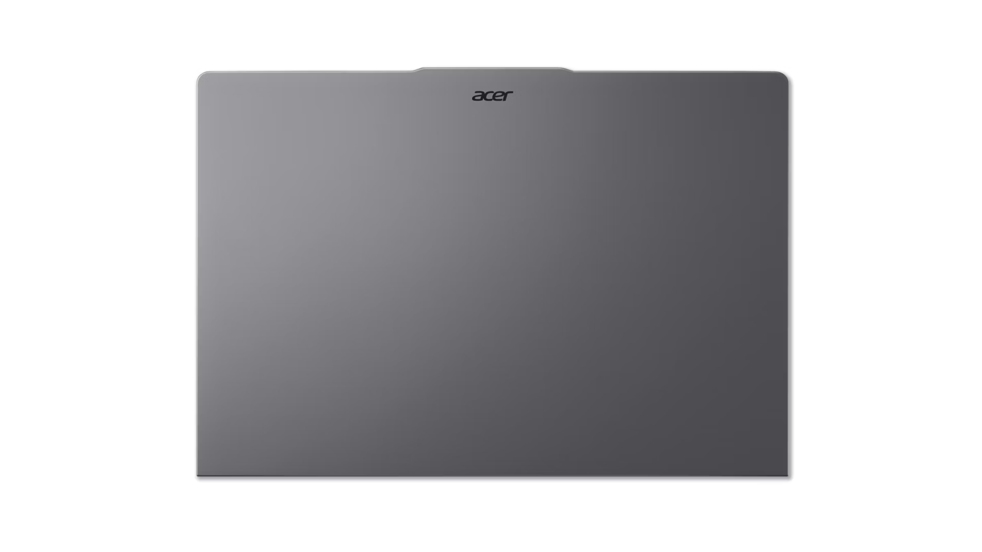 Laptop Acer grigio chiuso visto dall'alto su sfondo bianco.