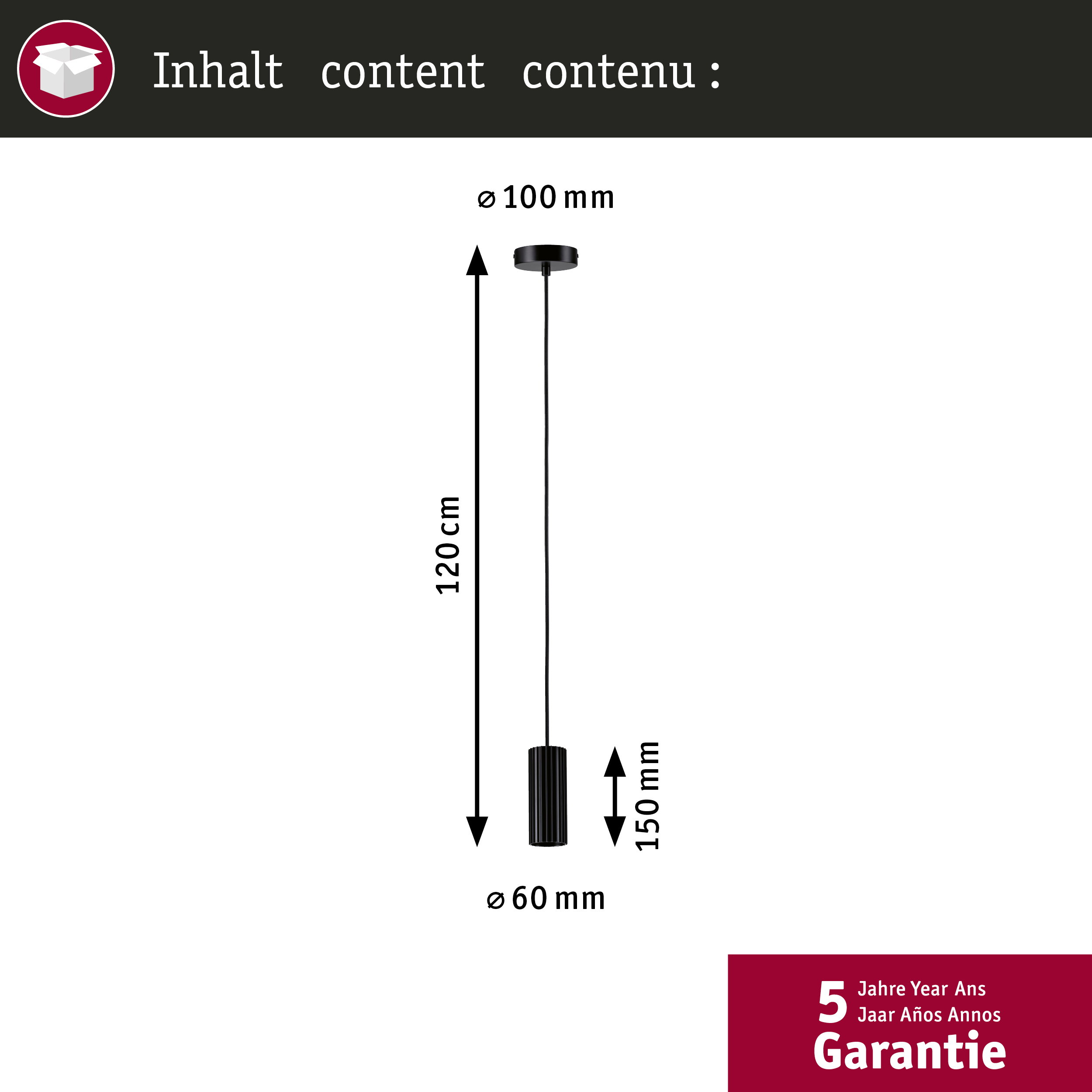 Schema tecnico con le dimensioni di una lampada a sospensione nera alta 120 cm.