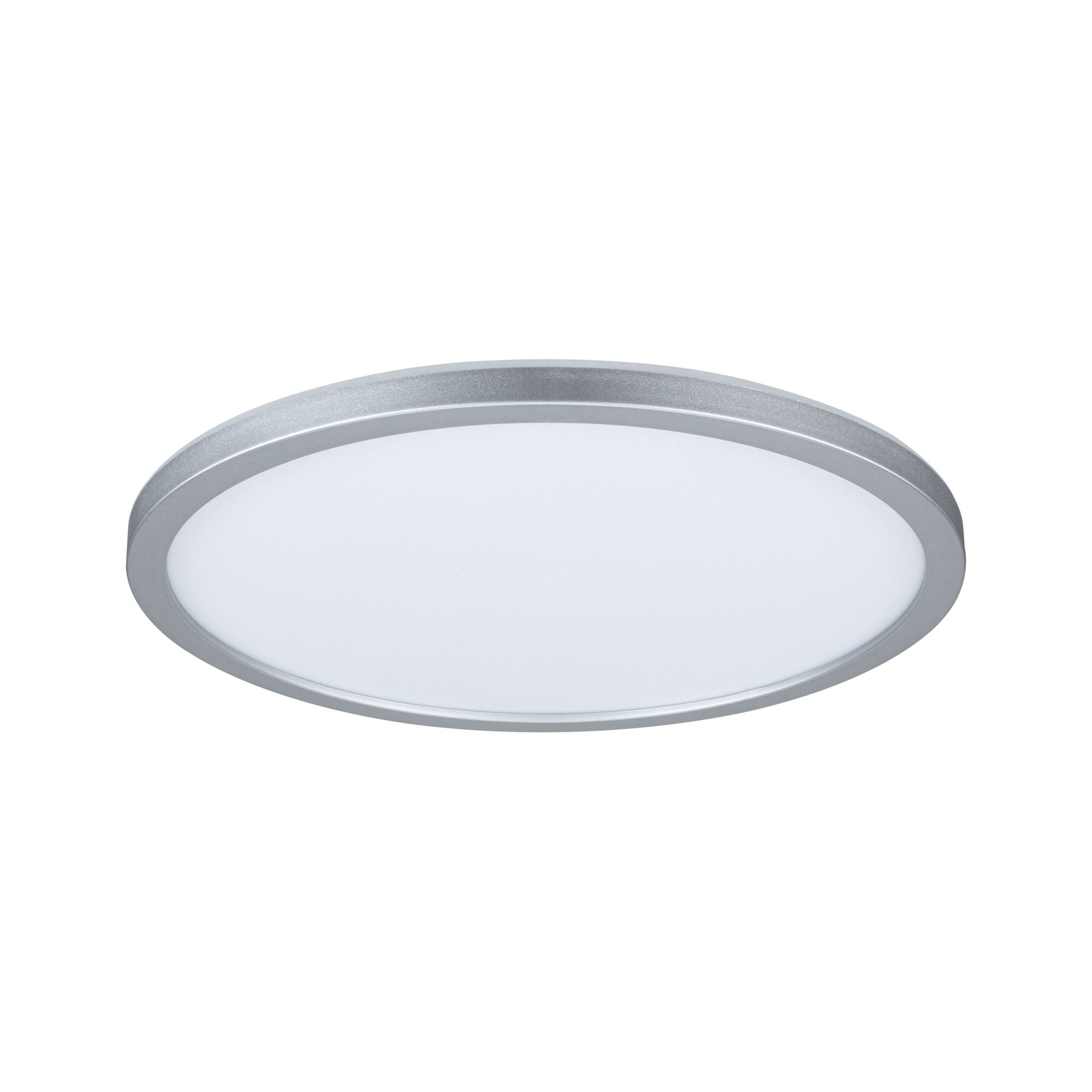 Una plafoniera rotonda argentata con superficie luminosa bianca su sfondo bianco.