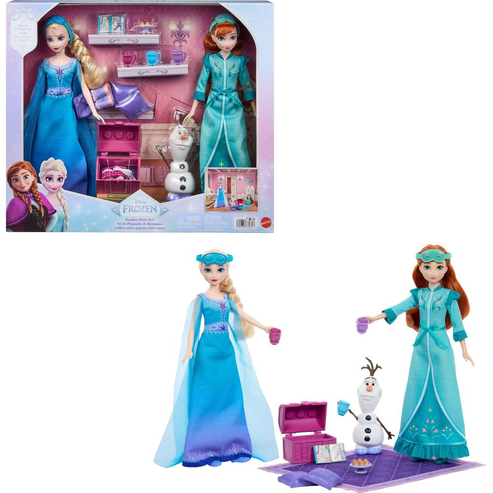 Set de muñecas Frozen con Elsa, Anna y Olaf en pijama con accesorios, dentro y fuera de la caja.