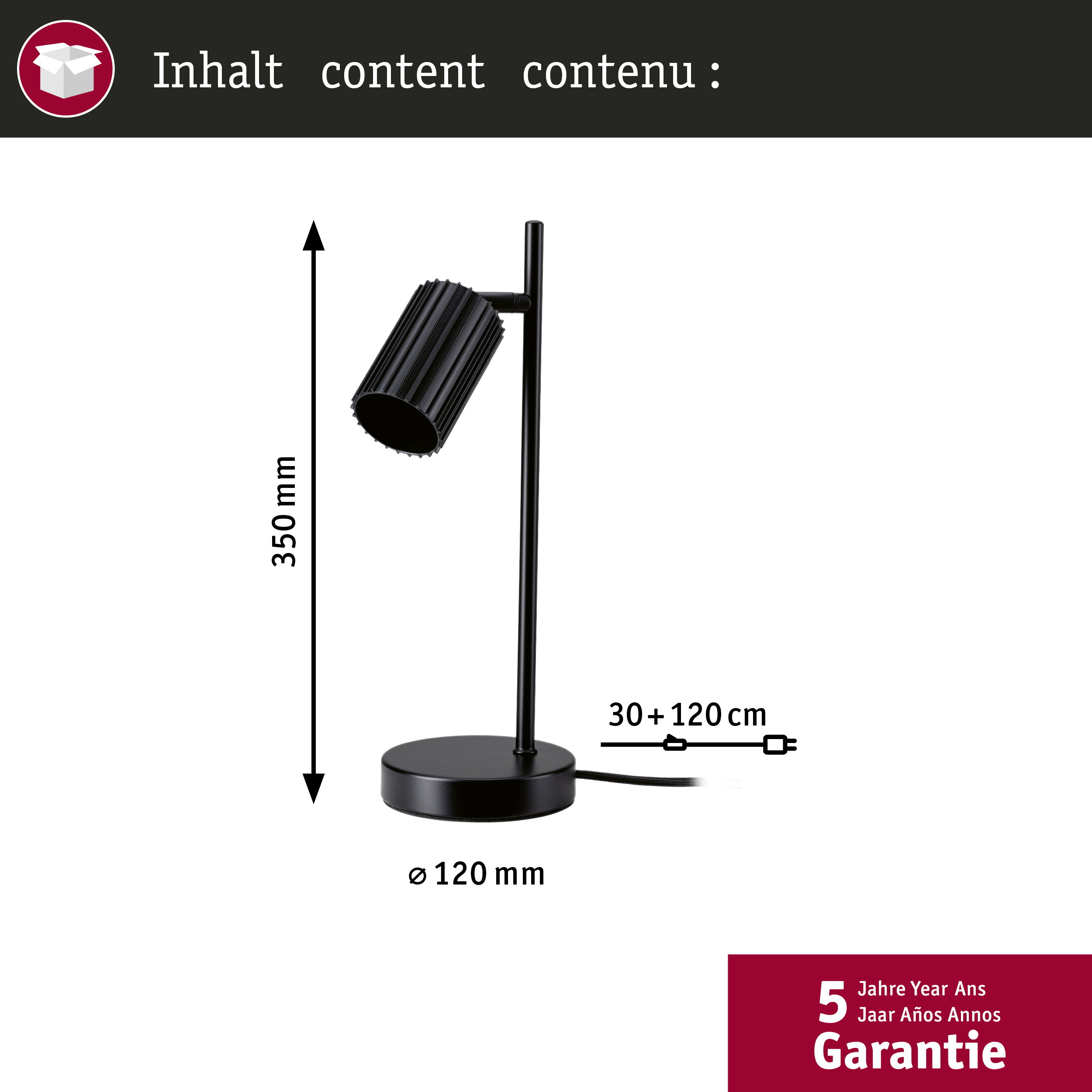 Rysunek techniczny czarnej lampki biurkowej o wysokości 350 mm i średnicy podstawy 120 mm.