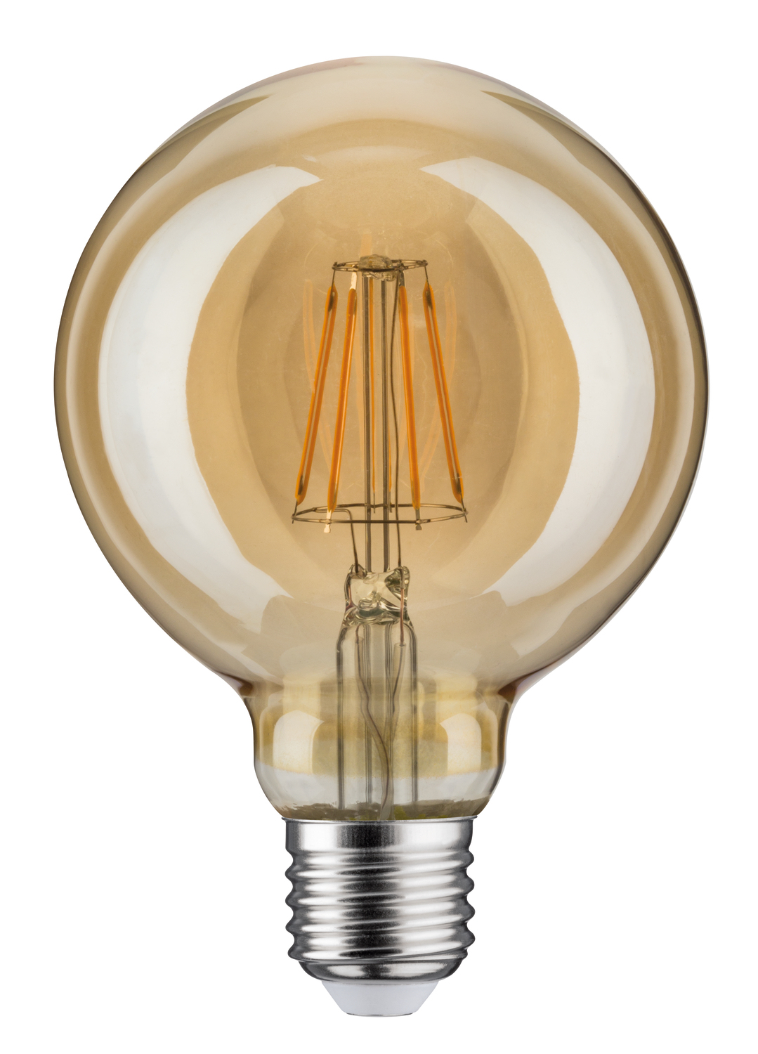 Eine runde, goldene LED-Glühbirne mit sichtbaren vertikalen Fäden und einem silbernen Schraubsockel vor weißem Hintergrund.