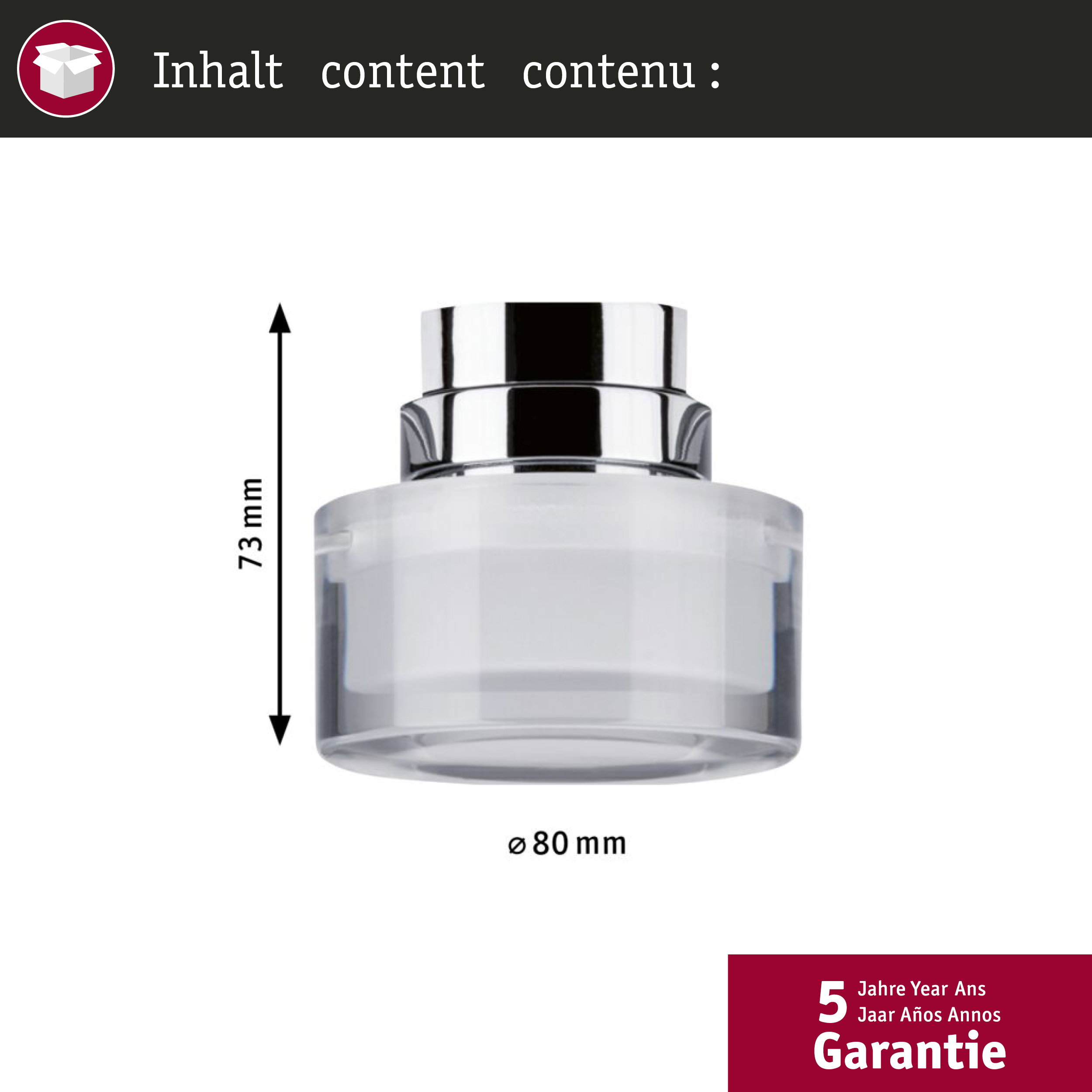 Diagramm eines runden Spenders mit 73 mm Höhe und 80 mm Durchmesser sowie 5 Jahren Garantie.