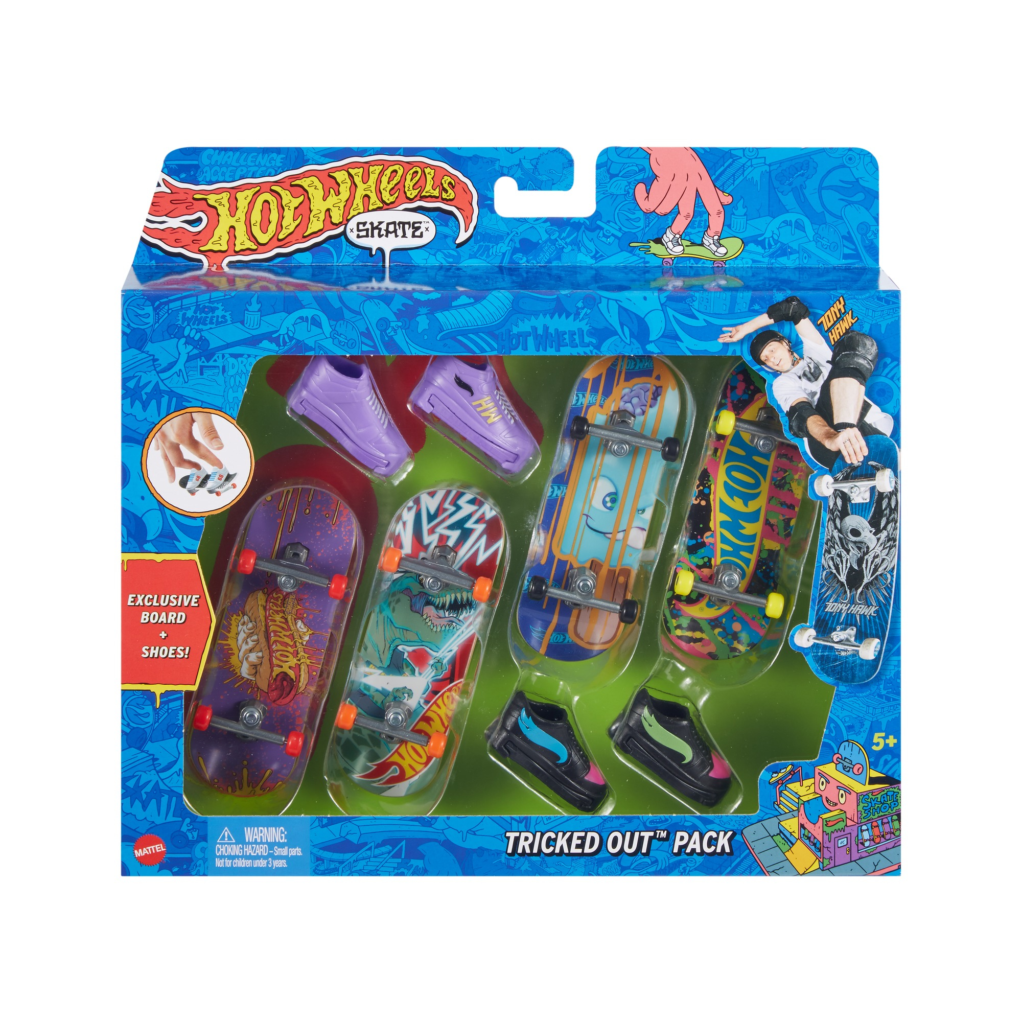 Paquete Hot Wheels Skate Tricked Out con cuatro patinetas para dedos y dos pares de zapatillas en caja azul.