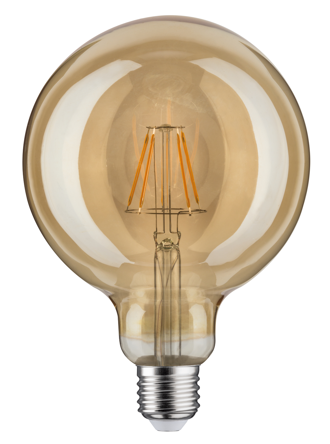 Eine große, runde Edison-Glühbirne mit bernsteinfarbenem Glas und sichtbaren vertikalen LED-Fäden auf weißem Hintergrund.