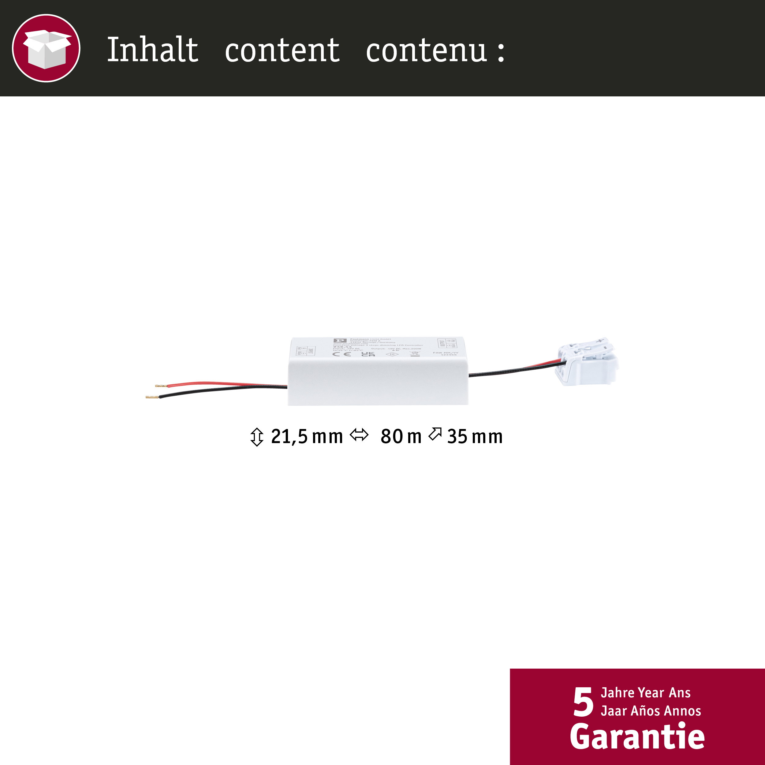 Un controller LED bianco con cavi collegati e dimensioni di 21,5 mm, 80 mm e 35 mm.