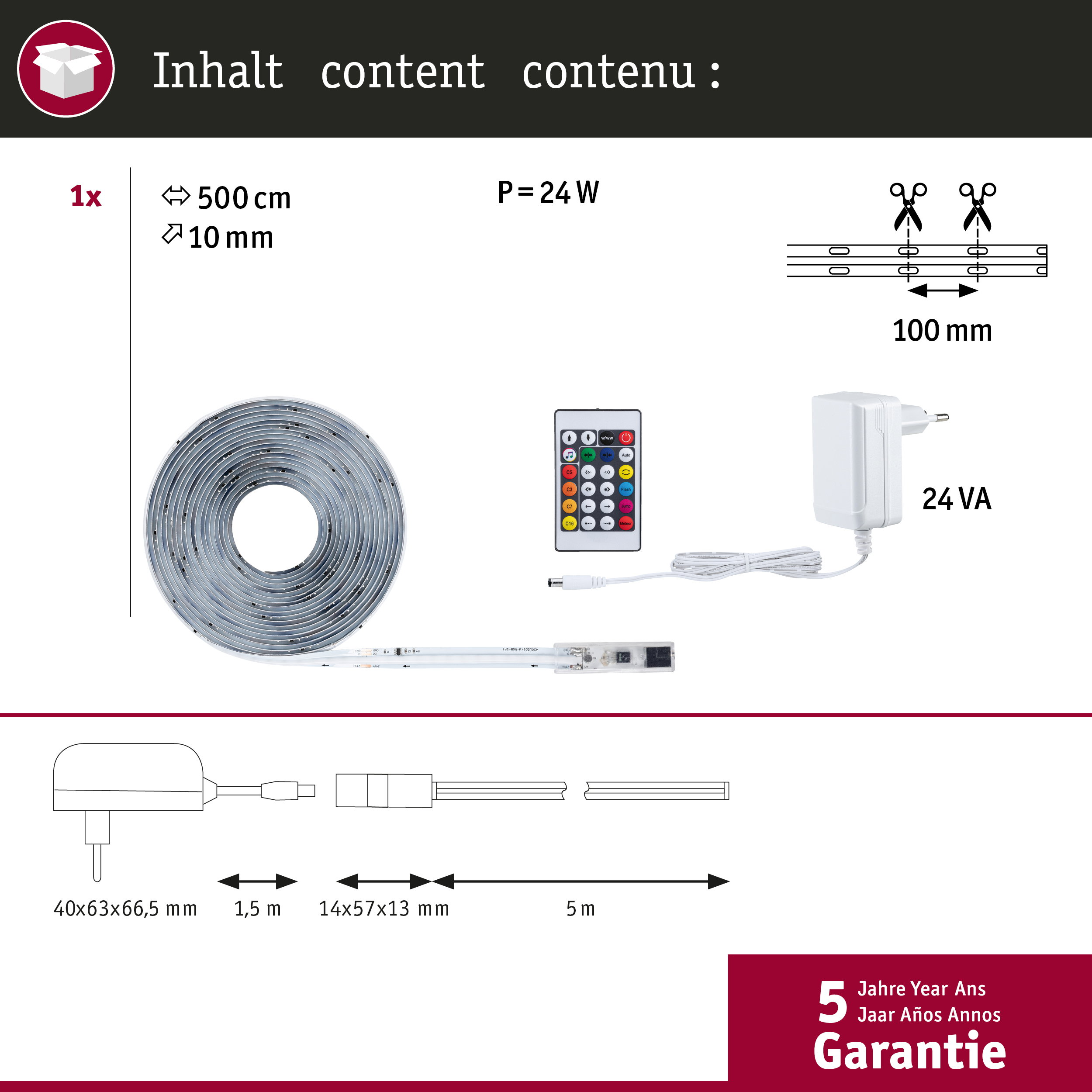 LED-Streifen-Set: 5m Rolle, Fernbedienung, Netzteil 24VA, Maße und technische Daten.