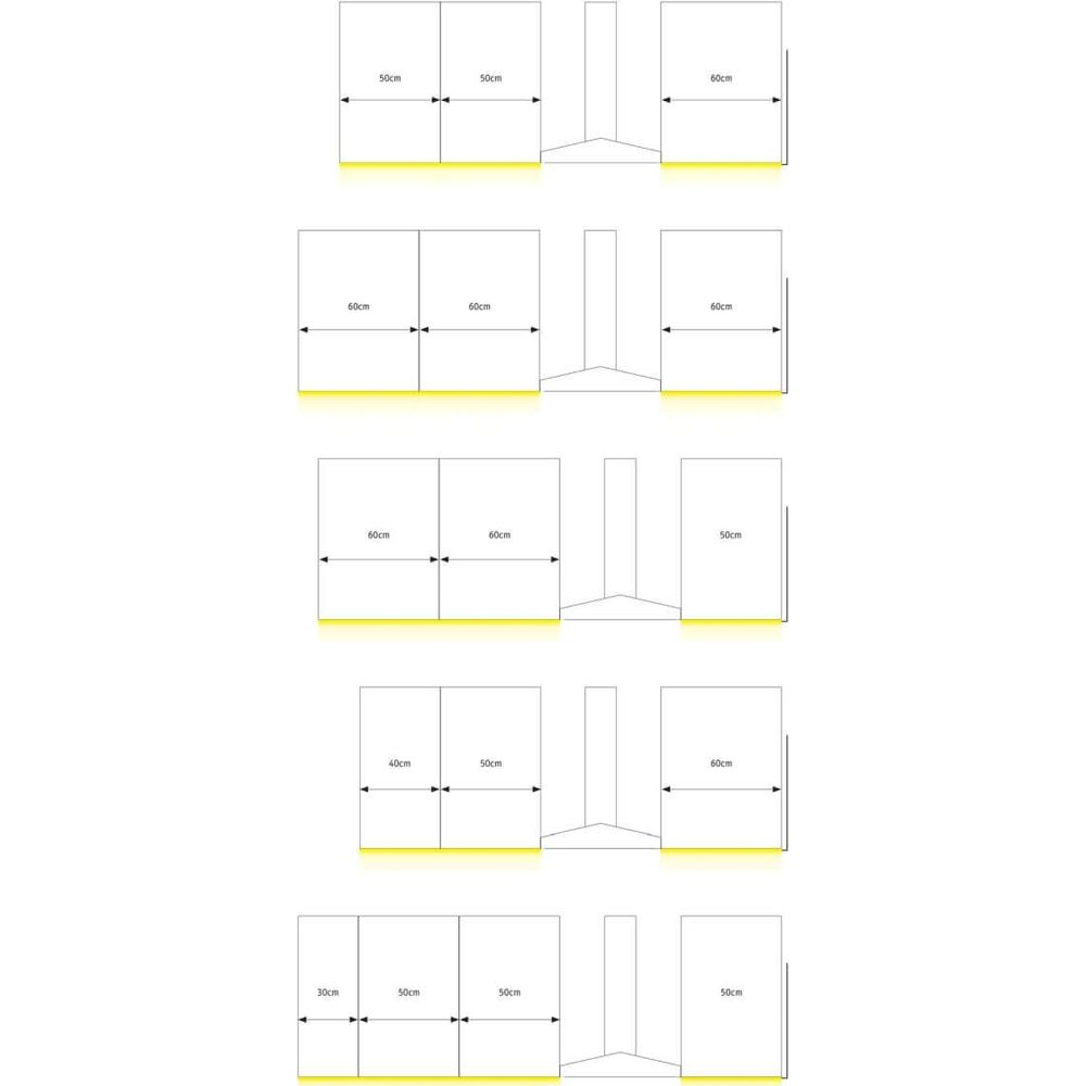 Diagramme mit verschiedenen Küchenschrank-Breiten und Maßen von 30 bis 60 Zentimetern.