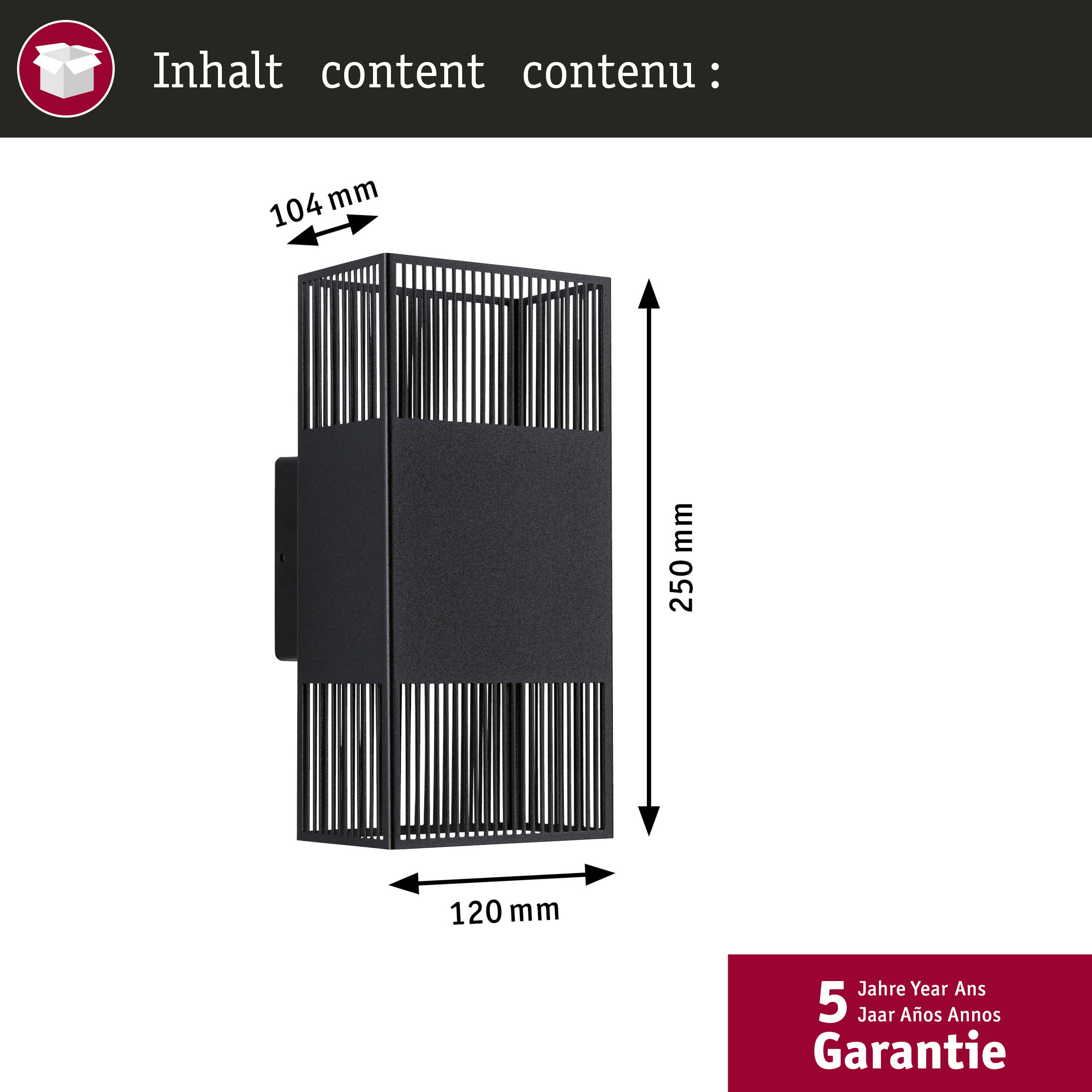 Disegno tecnico di una lampada da parete nera con dimensioni 250x120x104 mm e 5 anni di garanzia.