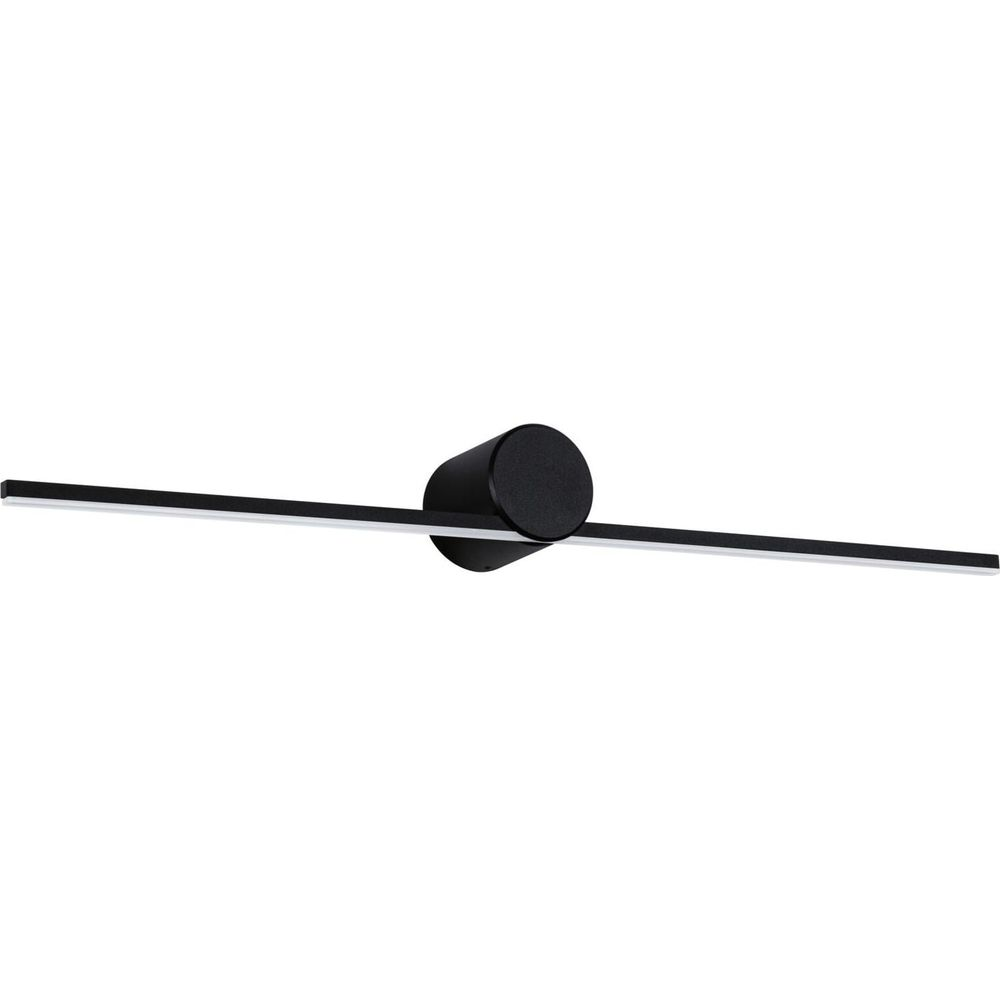 Una moderna lampada da parete nera con una lunga barra LED orizzontale su base cilindrica.