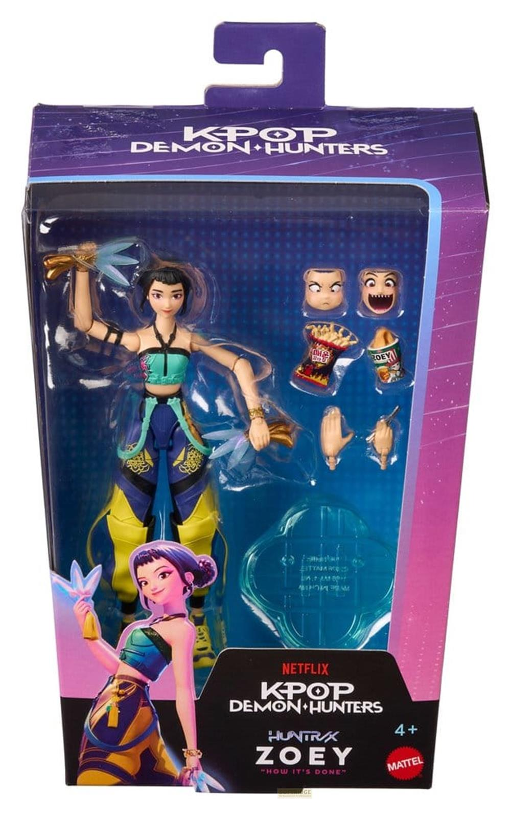Figura de acción de Zoey de K-Pop Demon Hunters en su caja con caras, manos y accesorios.