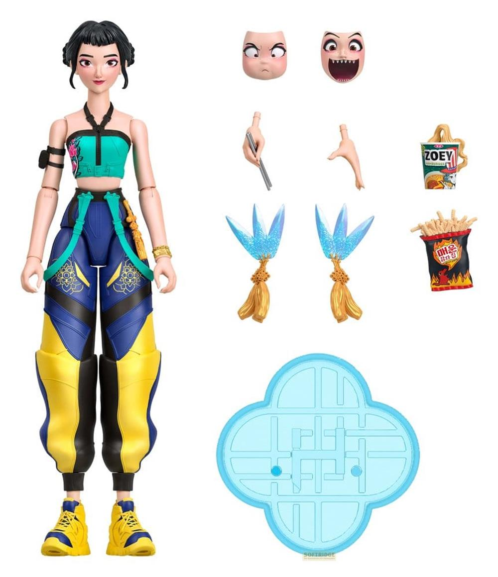 Figura de acción con traje azul y amarillo, rostros, manos, accesorios y una base azul sobre fondo blanco.