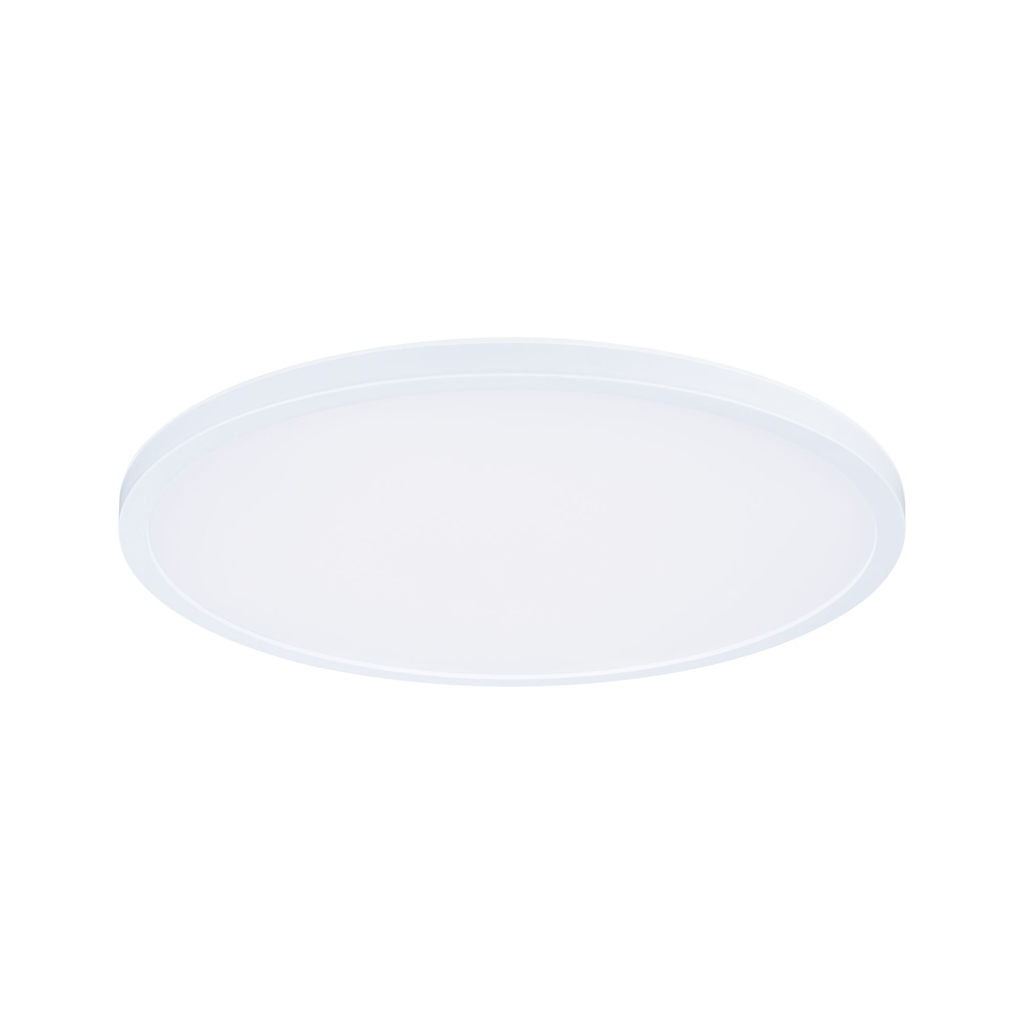 Eine weiße, flache, runde Deckenleuchte auf einem neutralen weißen Hintergrund.