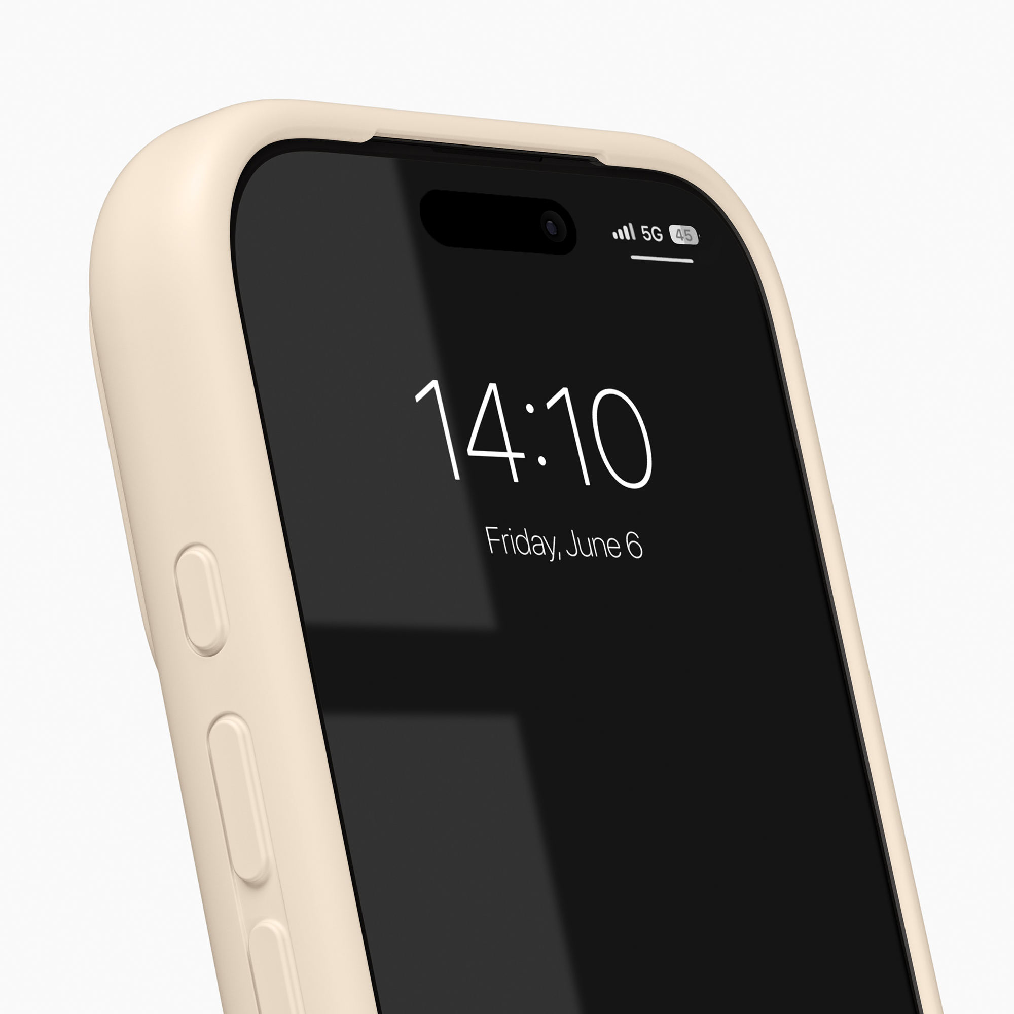 Een beige smartphone met lichte hoes toont de tijd 14:10 en de datum vrijdag 6 juni op het scherm.