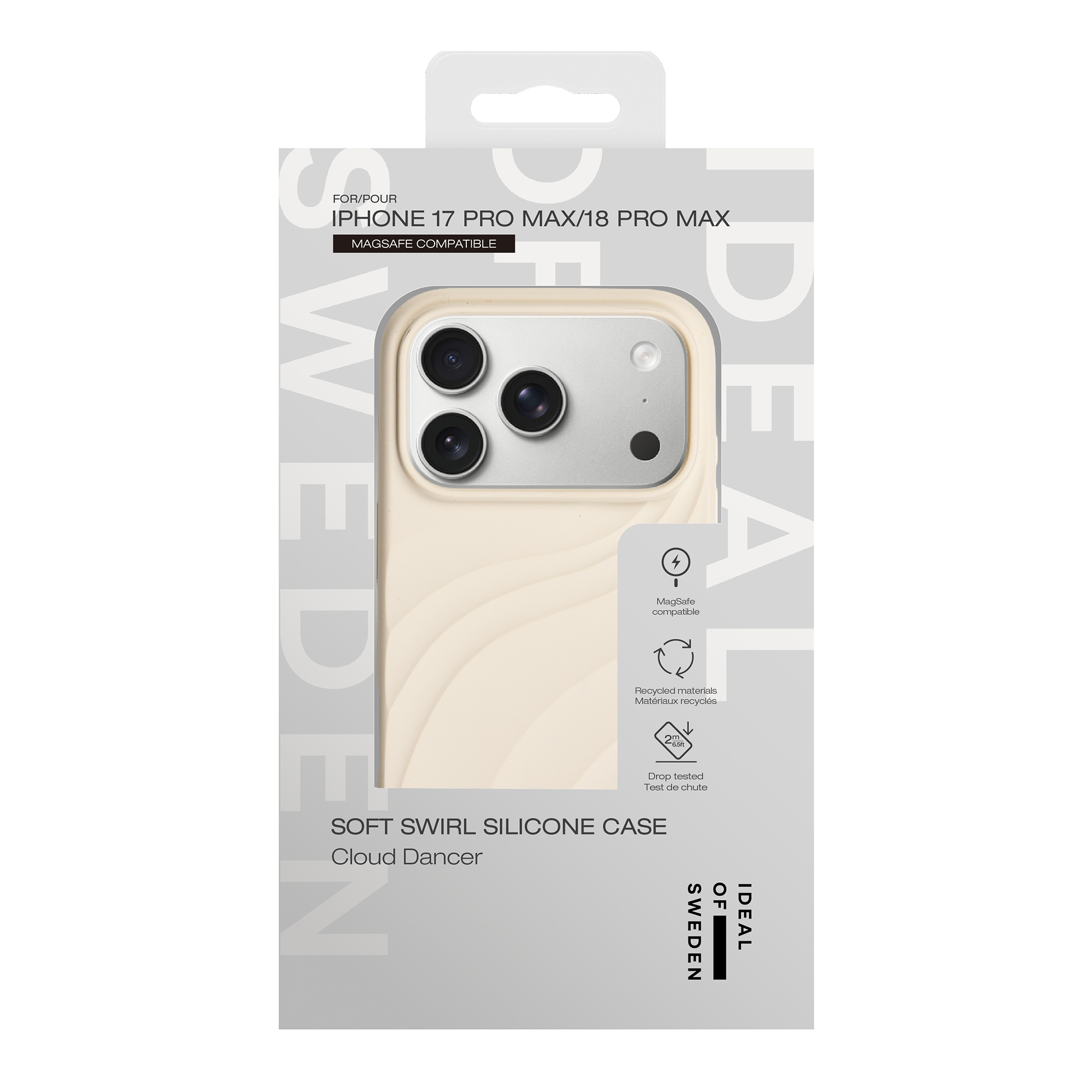 Verpakking voor een iPhone-siliconenhoesje in Cloud Dancer, met camera-uitsparing en productkenmerken.