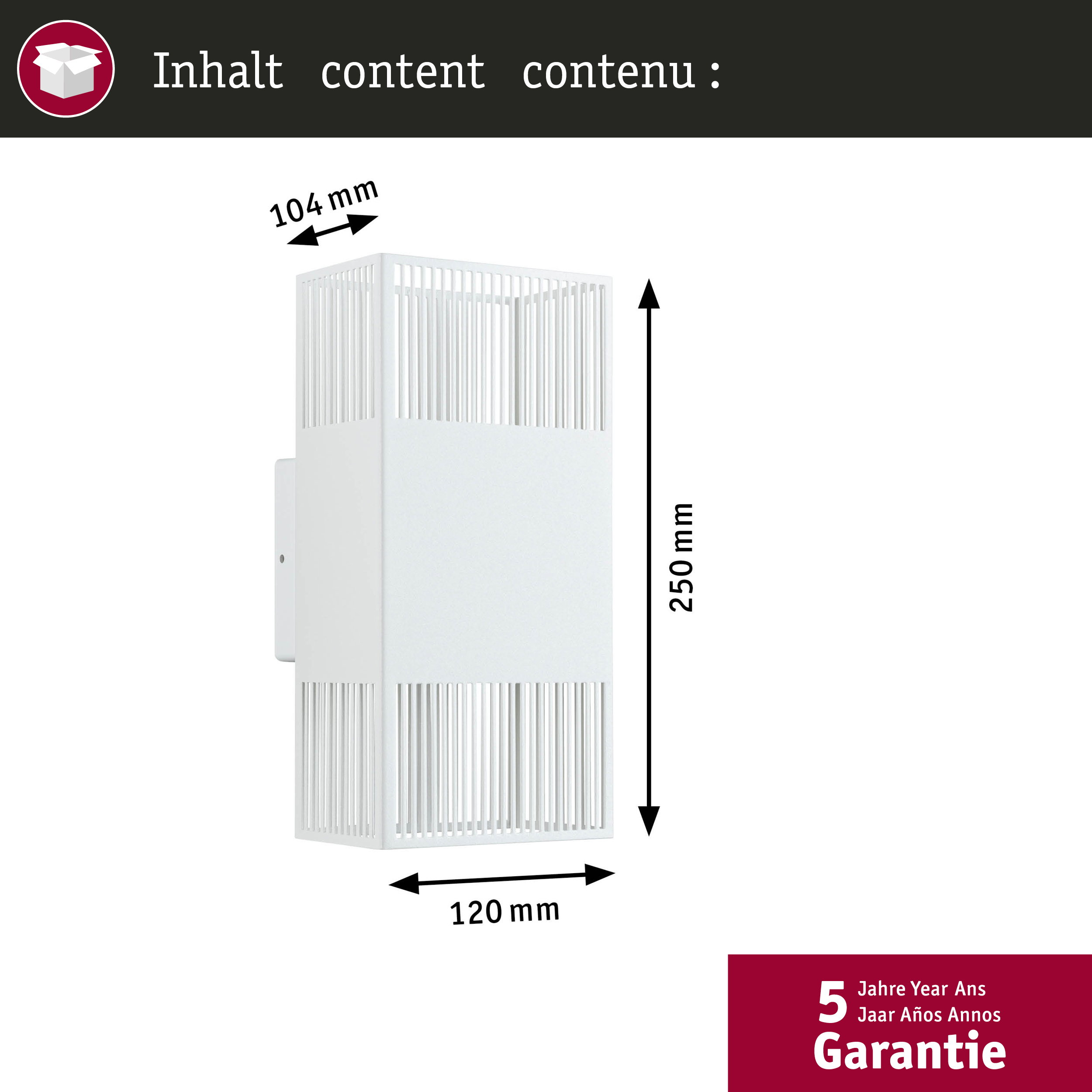 Disegno tecnico di una lampada da parete bianca con dimensioni 250x120x104 mm.