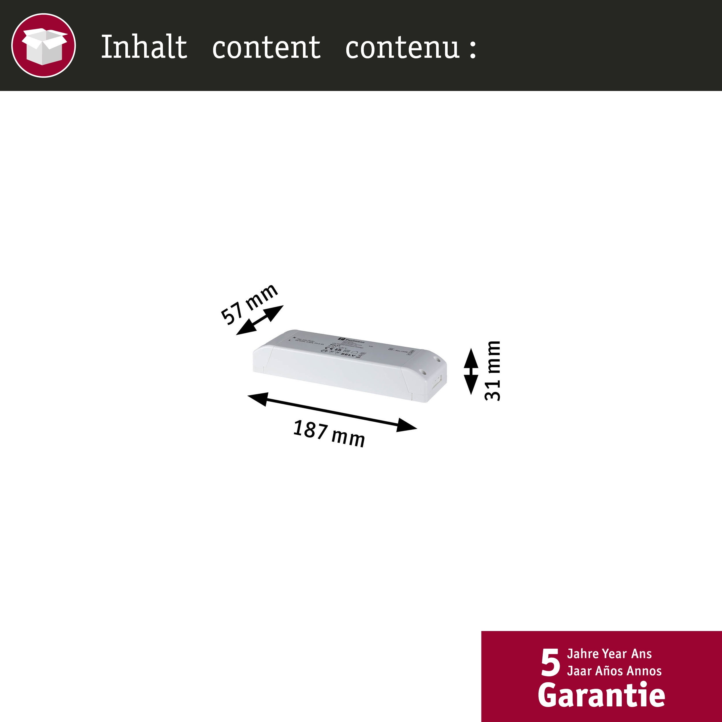 Driver LED bianco con dimensioni di 187x57x31 mm e 5 anni di garanzia.