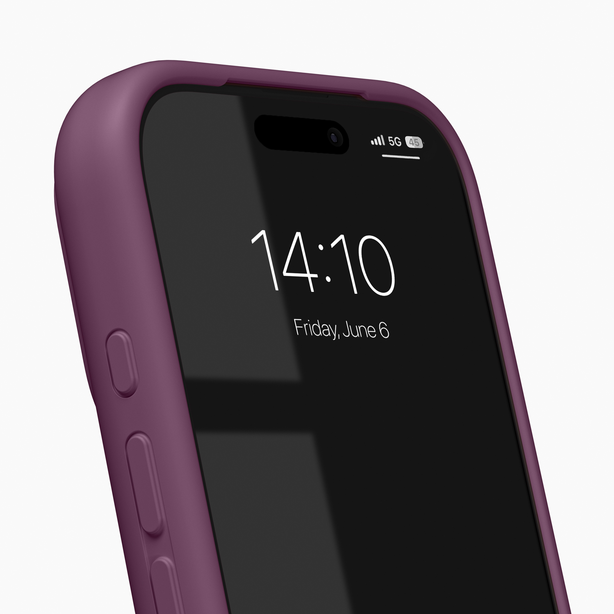 Een smartphone in een paarse hoes toont de tijd 14:10 en de datum op het zwarte scherm.
