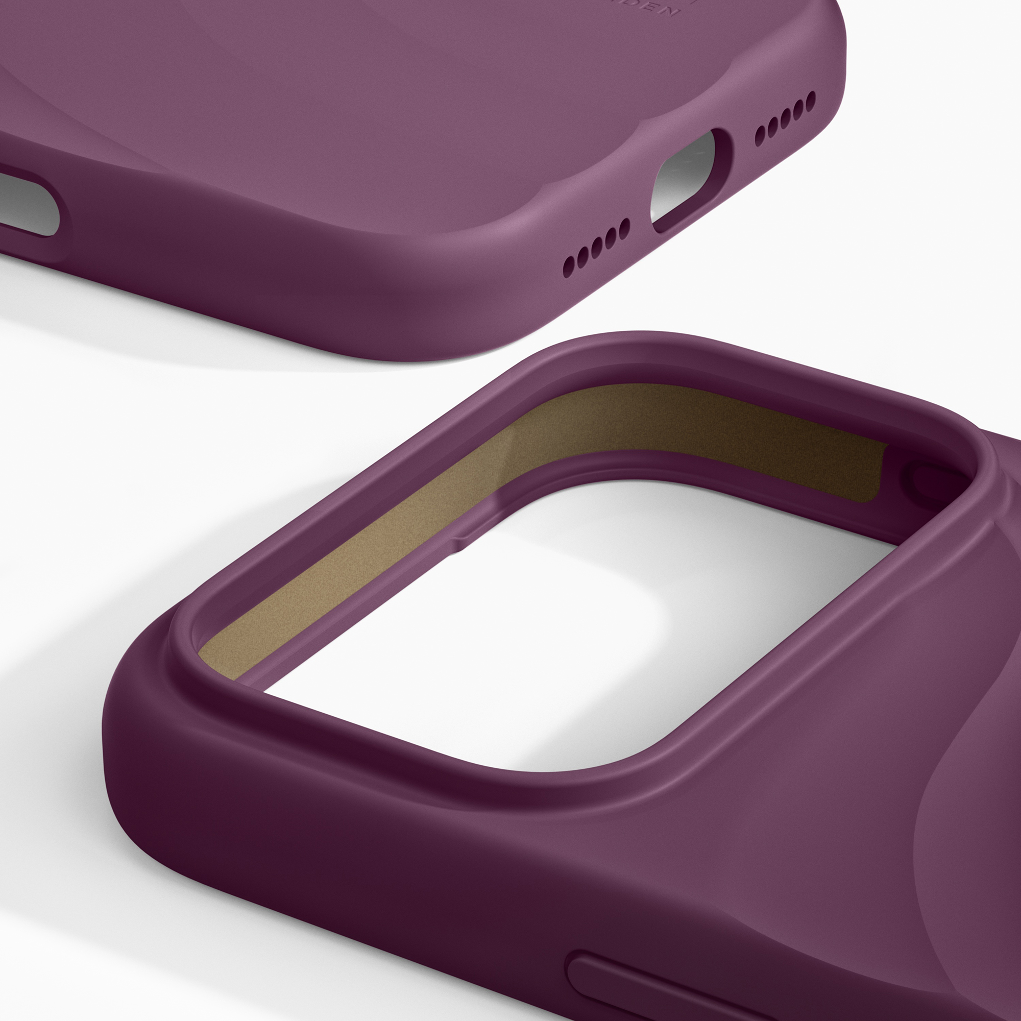 Twee paarse smartphonehoesjes op een witte achtergrond, één toont de onderkant en de andere de binnenvoering.