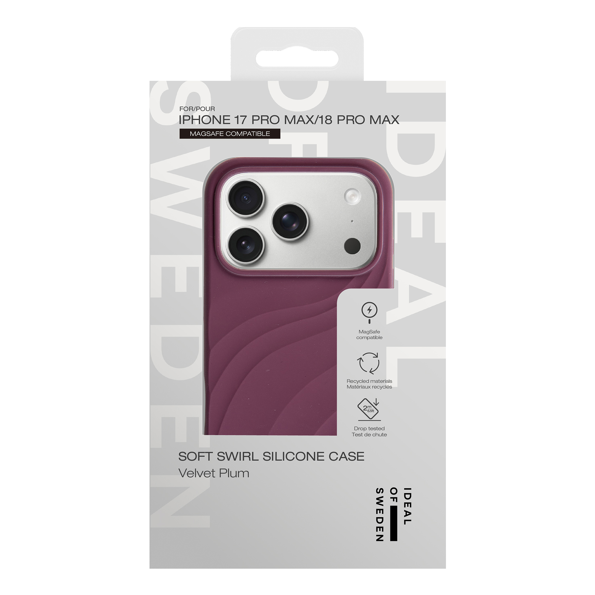 Verpakking voor een paarse Velvet Plum siliconen telefoonhoesje met golfpatroon voor iPhone 17 Pro Max.