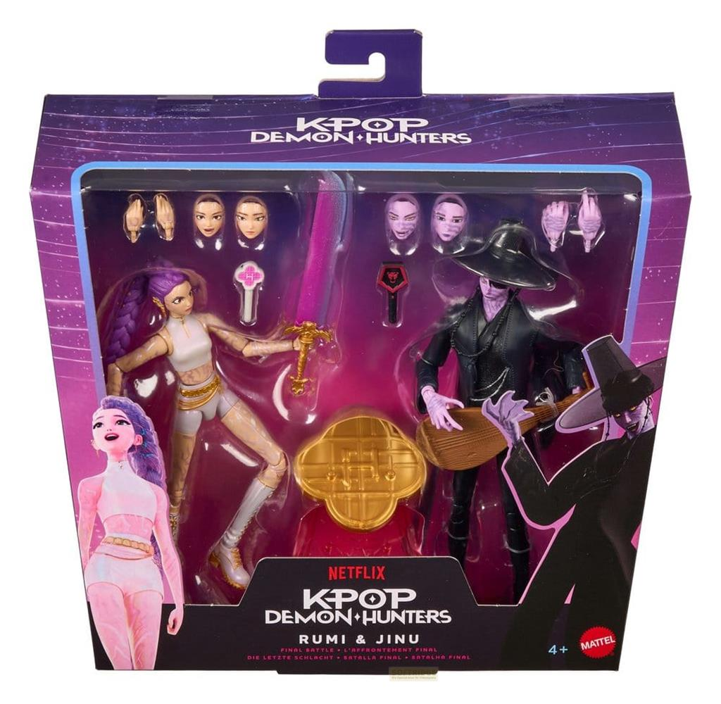 Set de figuras de acción K-Pop Demon Hunters Rumi y Jinu en caja morada con accesorios.