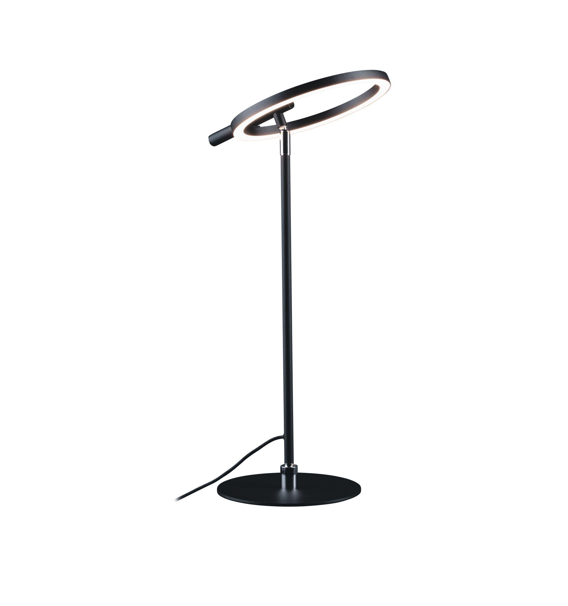 Moderne schwarze Tischlampe mit einem runden, beleuchteten Ringkopf auf einem schlanken Stab und runder Basis.