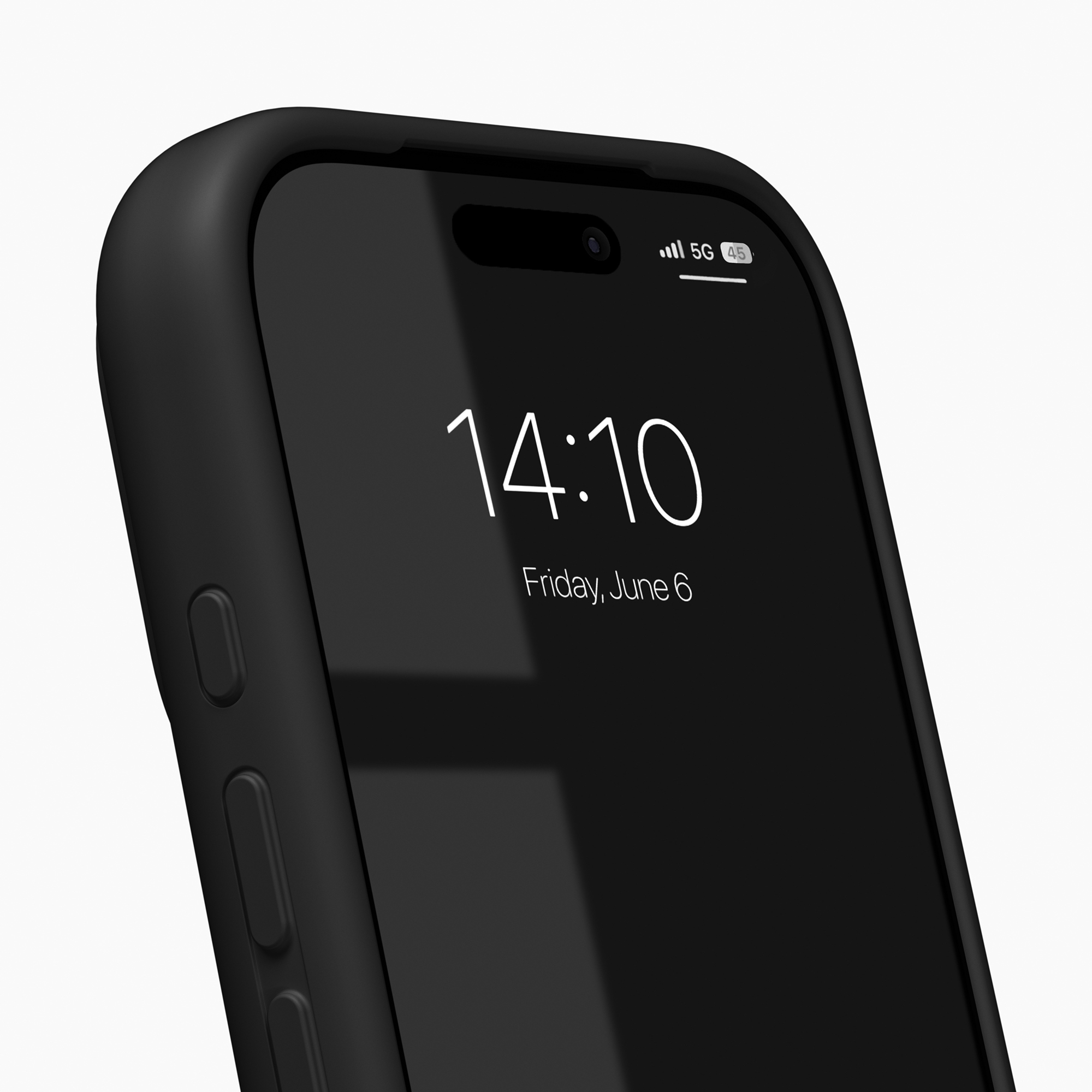 Een zwarte smartphone met beschermhoes toont de tijd 14:10 en de datum vrijdag 6 juni.