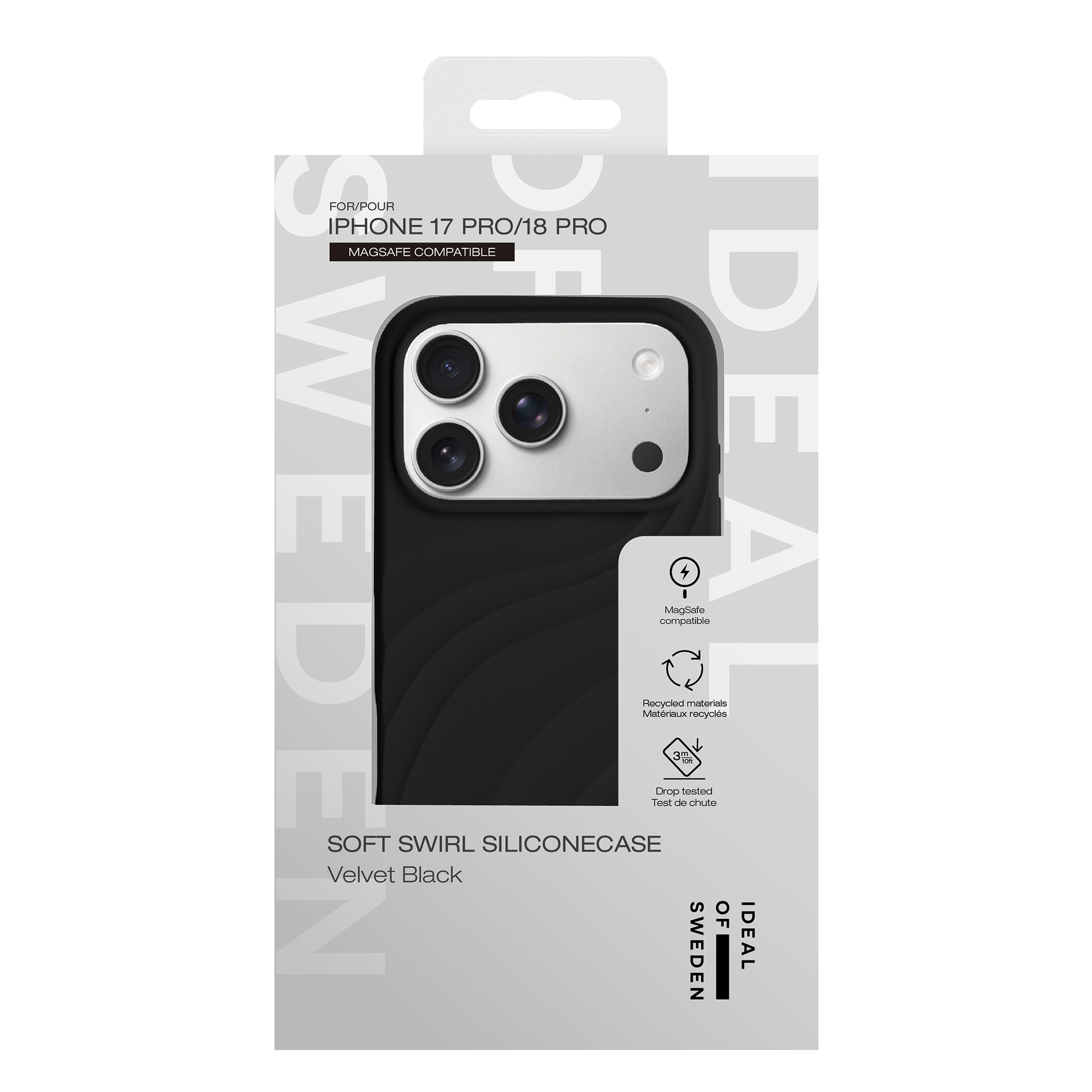 Een zwarte Velvet Black zachte swirl siliconen hoes in witte verpakking voor iPhone 17 Pro/18 Pro.