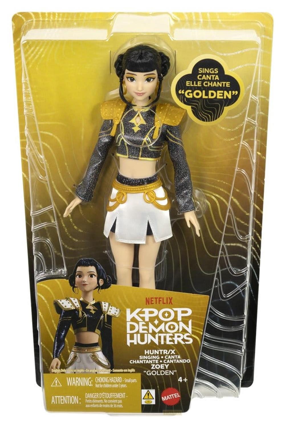 Muñeca de moda Zoey de K-Pop Demon Hunters en su caja con atuendo negro y dorado.