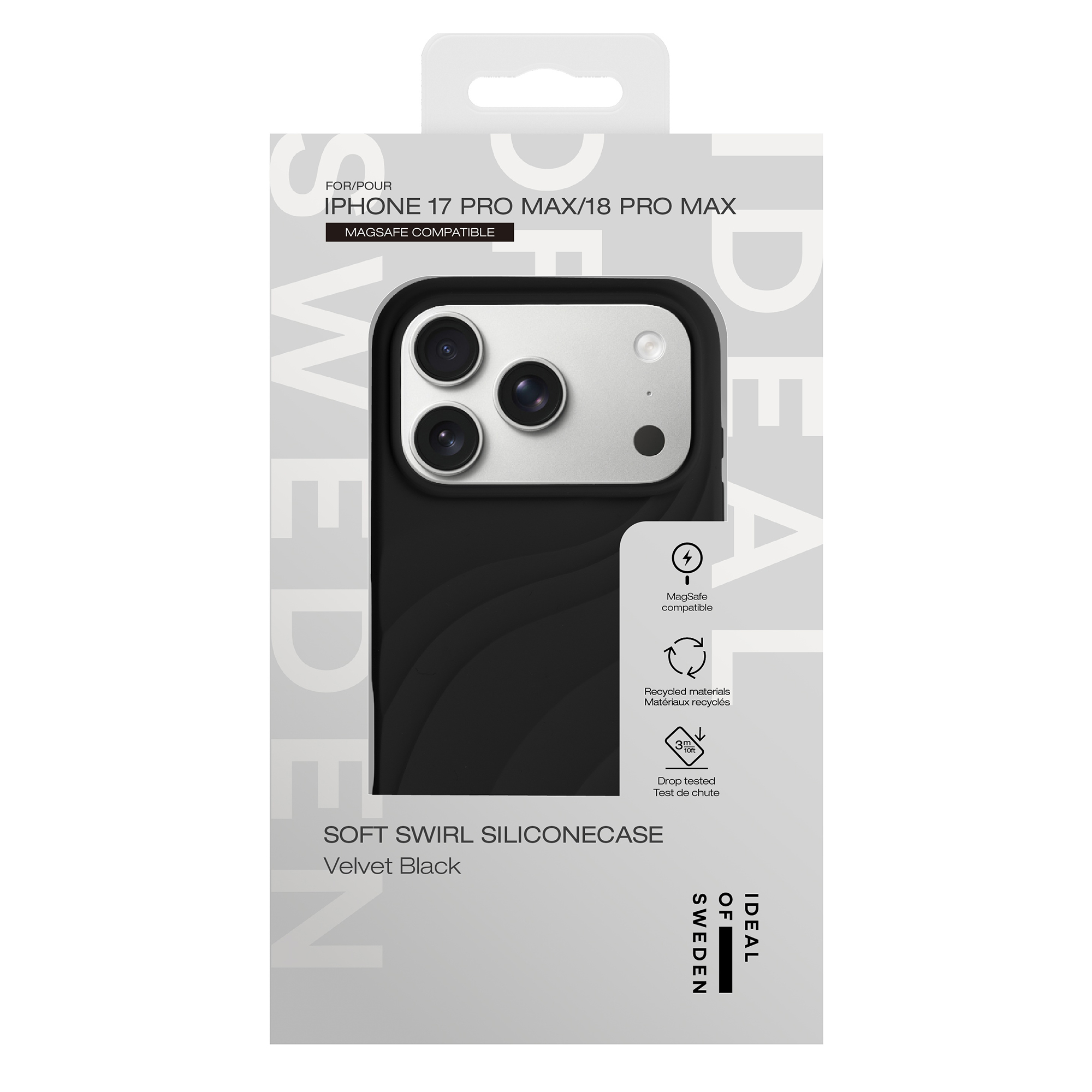 Zwarte siliconen telefoonhoes in witte verpakking met productdetails voor iPhone.