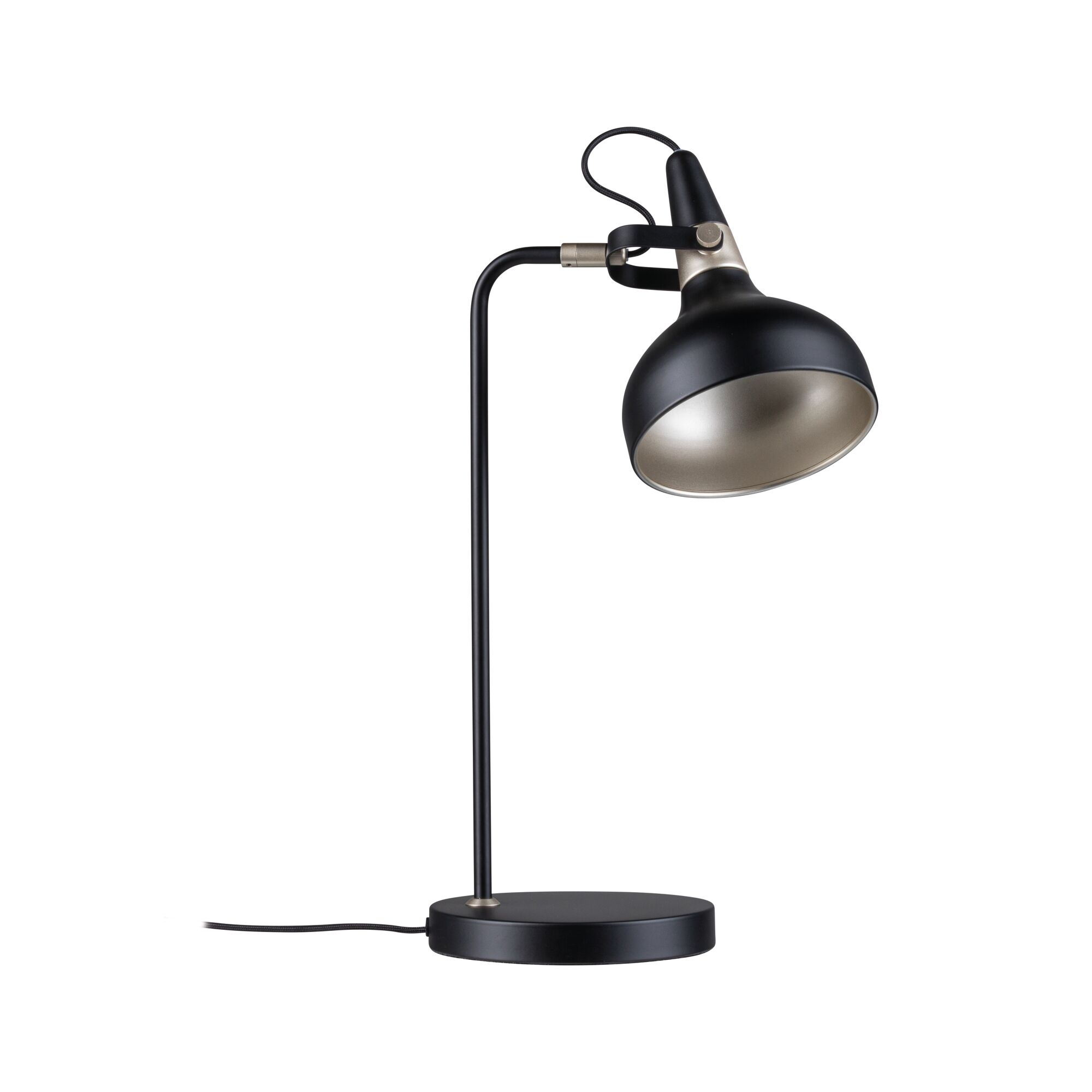 Un'elegante lampada da scrivania nera con dettagli argentati su base rotonda su sfondo bianco.