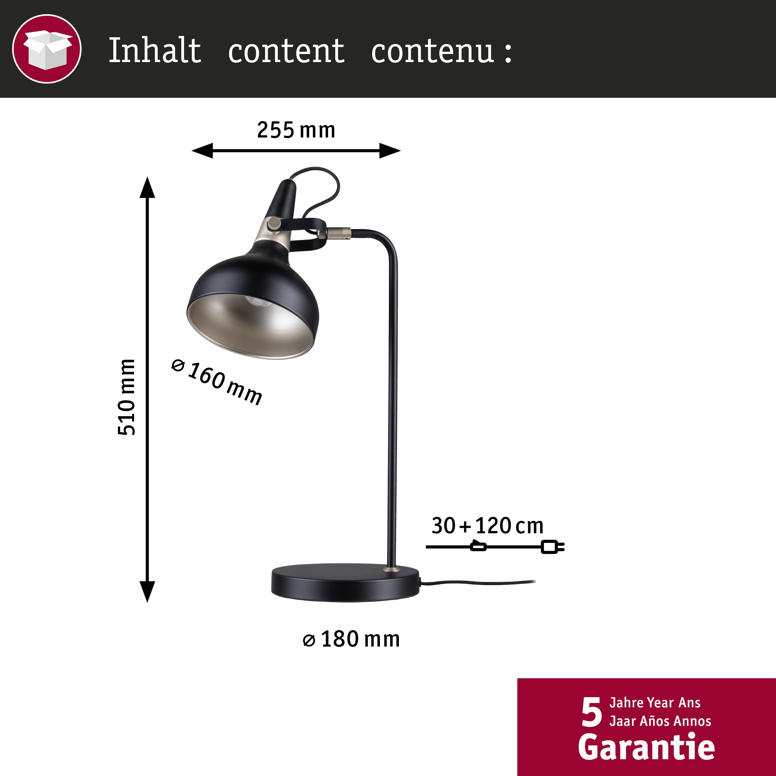 Disegno tecnico di una lampada da scrivania nera con dimensioni e 5 anni di garanzia.