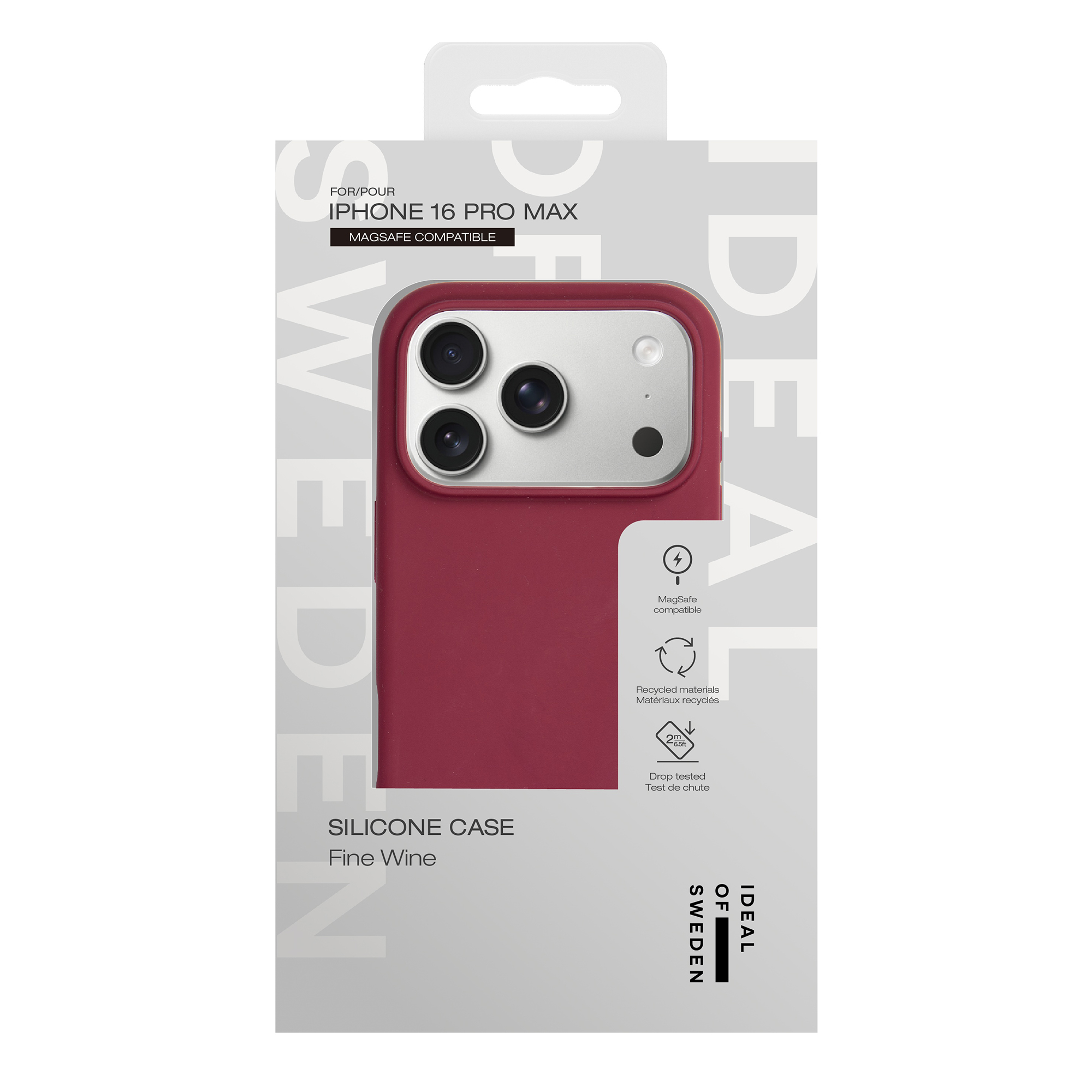 Fine wine silicone case for iPhone 16 Pro Max in white packaging.